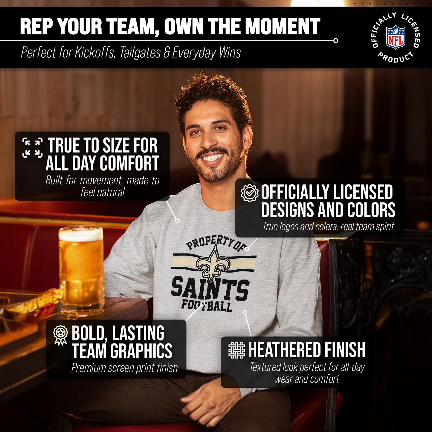 New Orleans Saints NFL Adult Property Of Crewneck Fleece Sweatshirt - Sport Gray