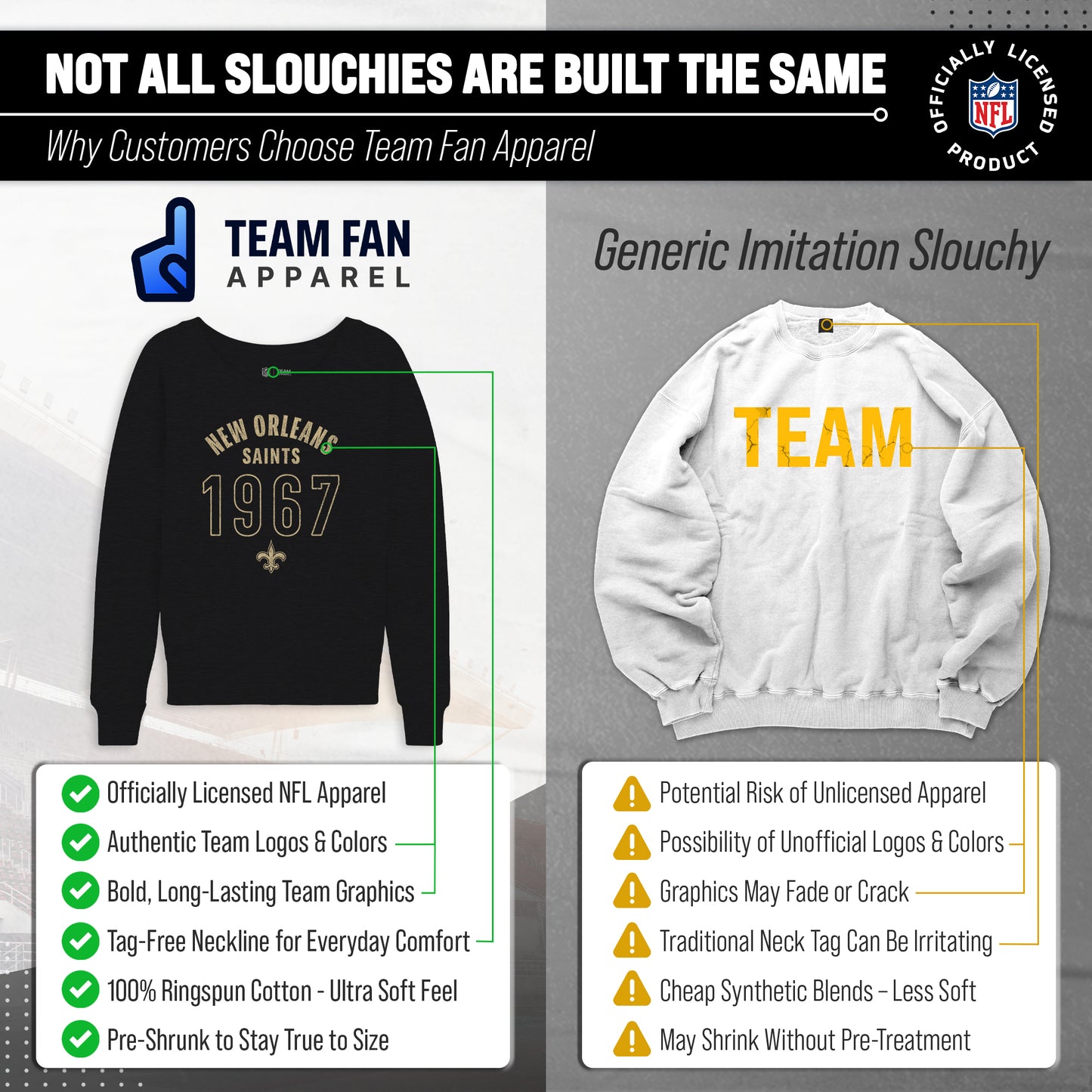 New Orleans Saints NFL Womens Big Date French Terry Slouchy Top - Black