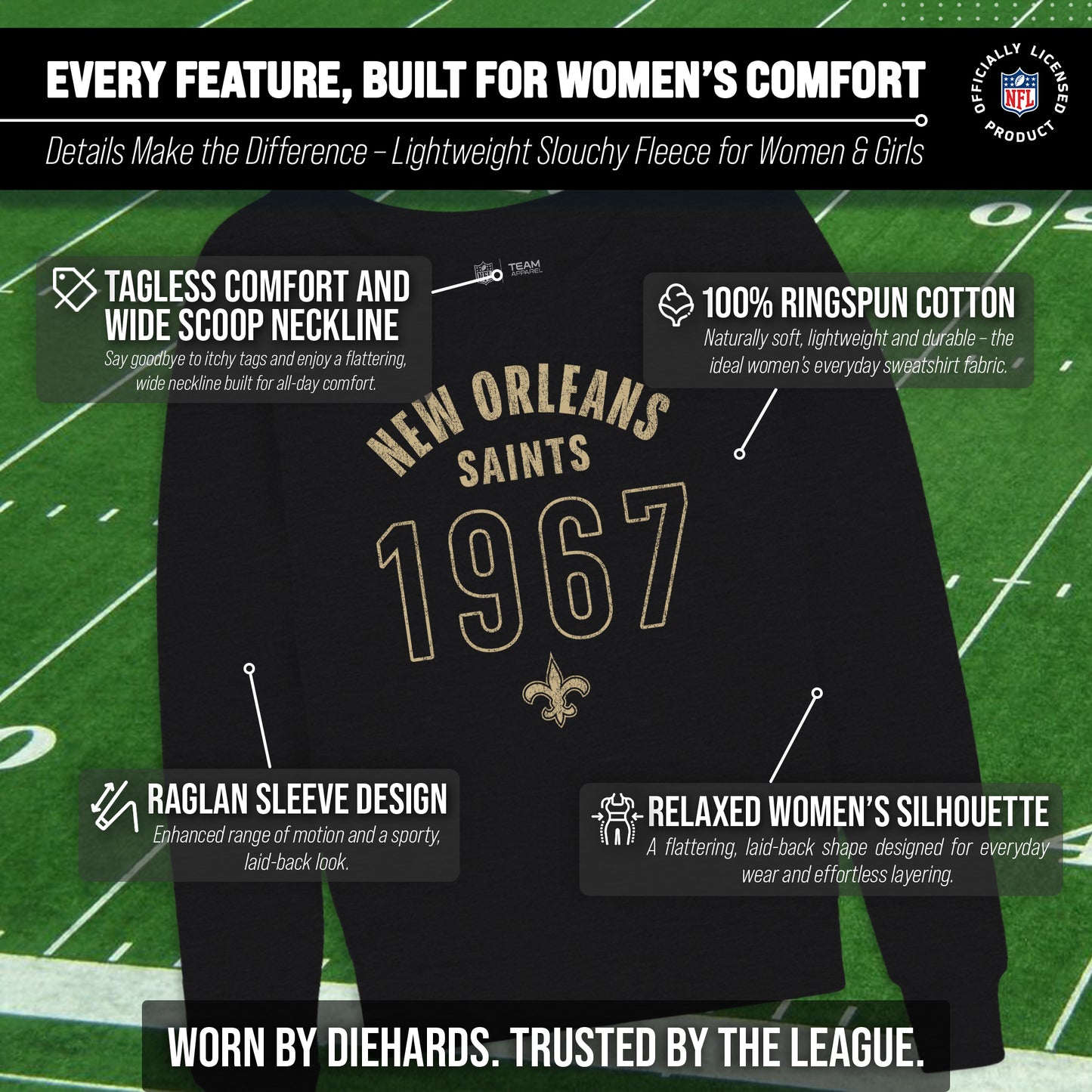New Orleans Saints NFL Womens Big Date French Terry Slouchy Top - Black