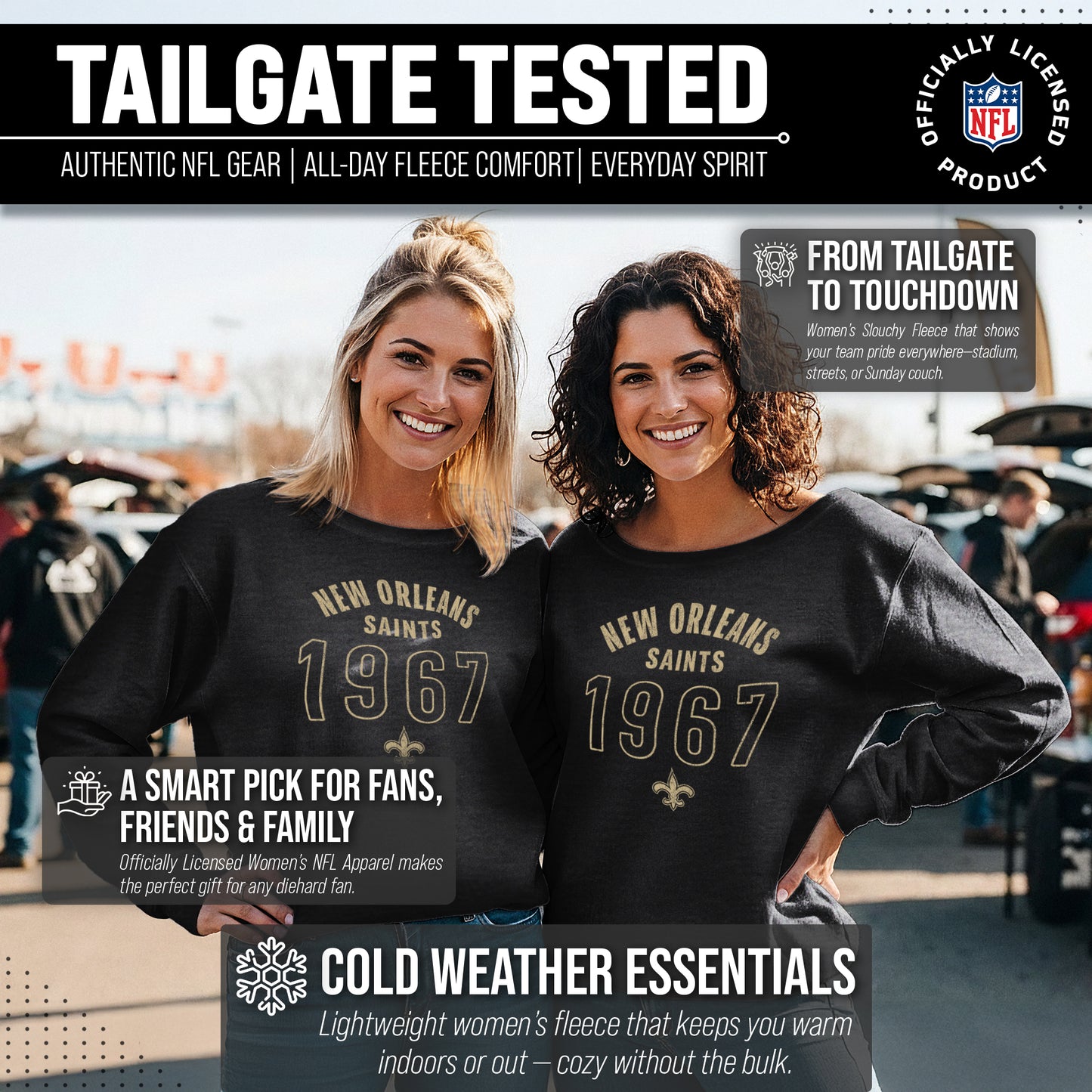 New Orleans Saints NFL Womens Big Date French Terry Slouchy Top - Black