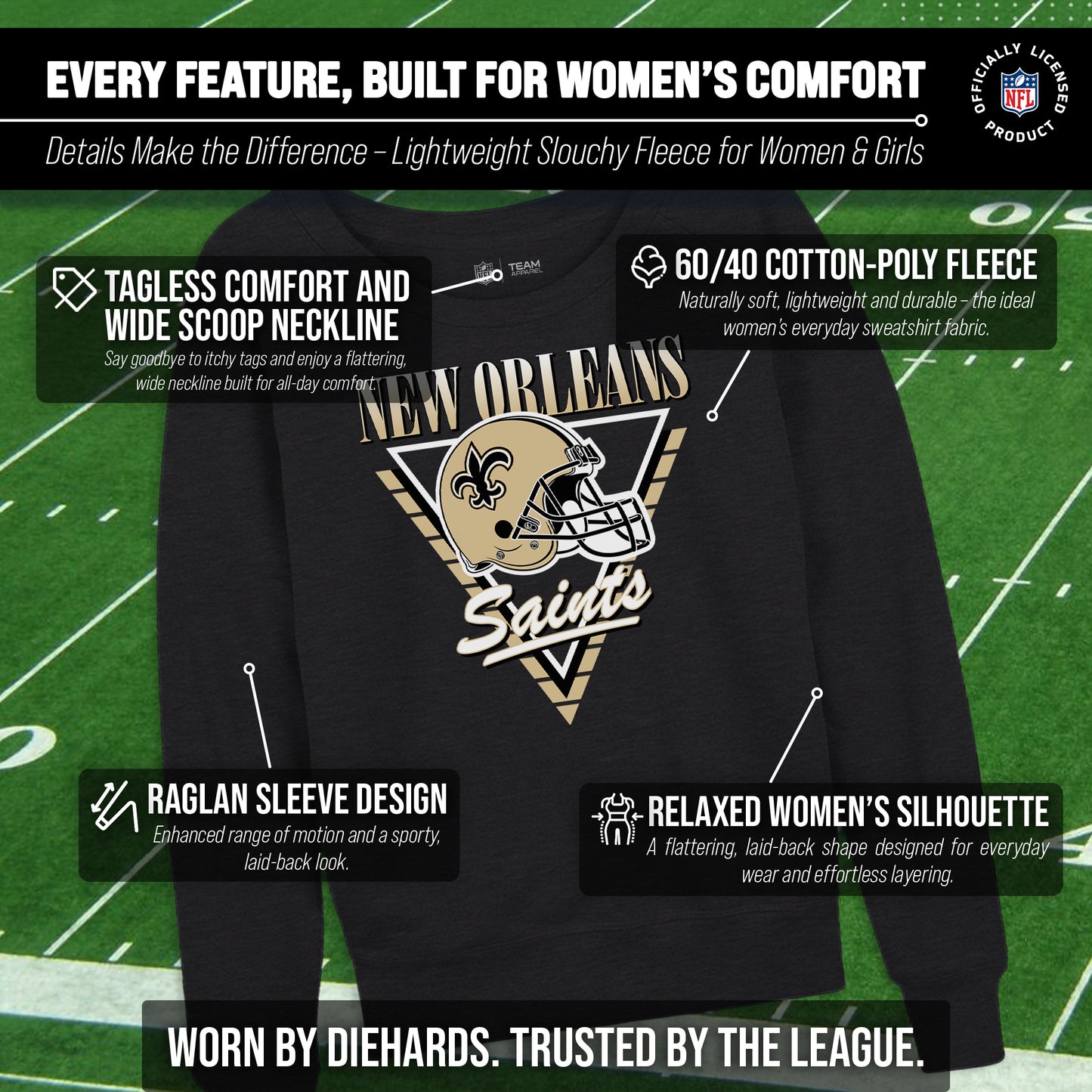 New Orleans Saints NFL Womens Retro Triangle Slouchy Crewneck - Heather Charcoal