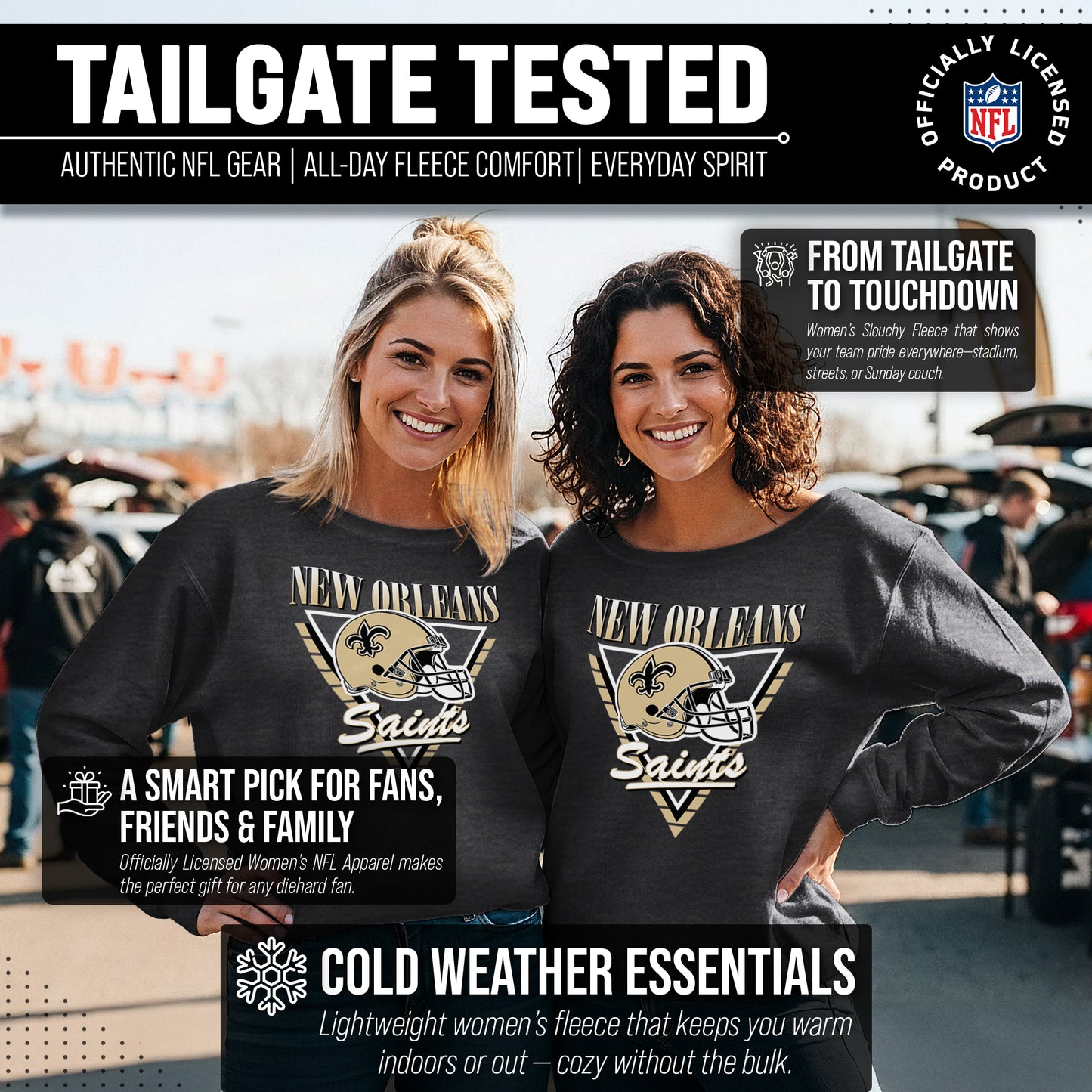 New Orleans Saints NFL Womens Retro Triangle Slouchy Crewneck - Heather Charcoal