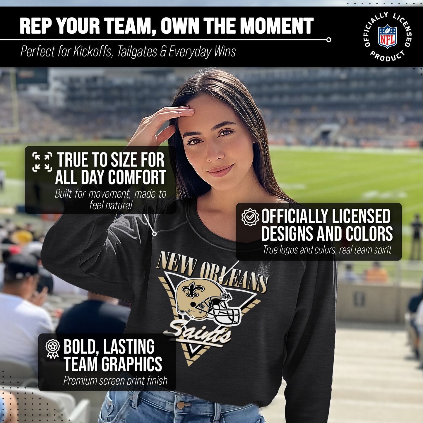 New Orleans Saints NFL Womens Retro Triangle Slouchy Crewneck - Heather Charcoal