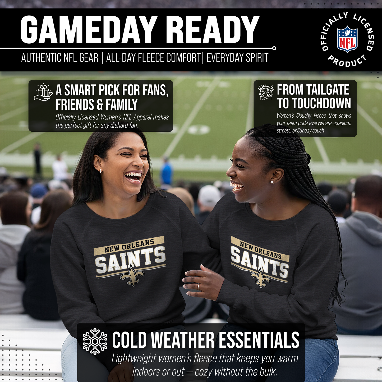 New Orleans Saints NFL Womens Charcoal Crew Neck Football Apparel - Charcoal