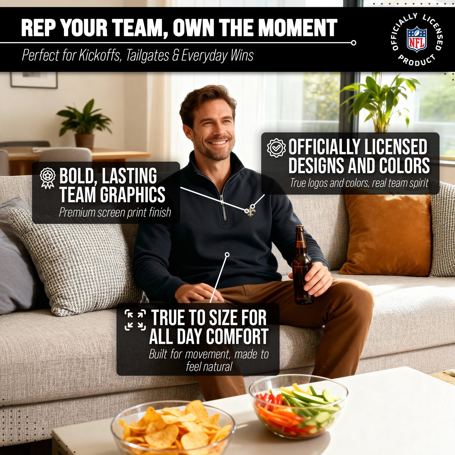 New Orleans Saints NFL Adult Unisex Team Logo Quarter Zip Pullover Sweatshirt - Black