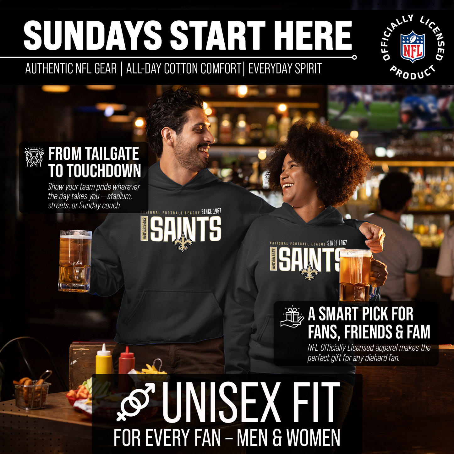 New Orleans Saints NFL Adult Unisex Modern Endzone Soft Fleece Hooded Sweatshirt - Black