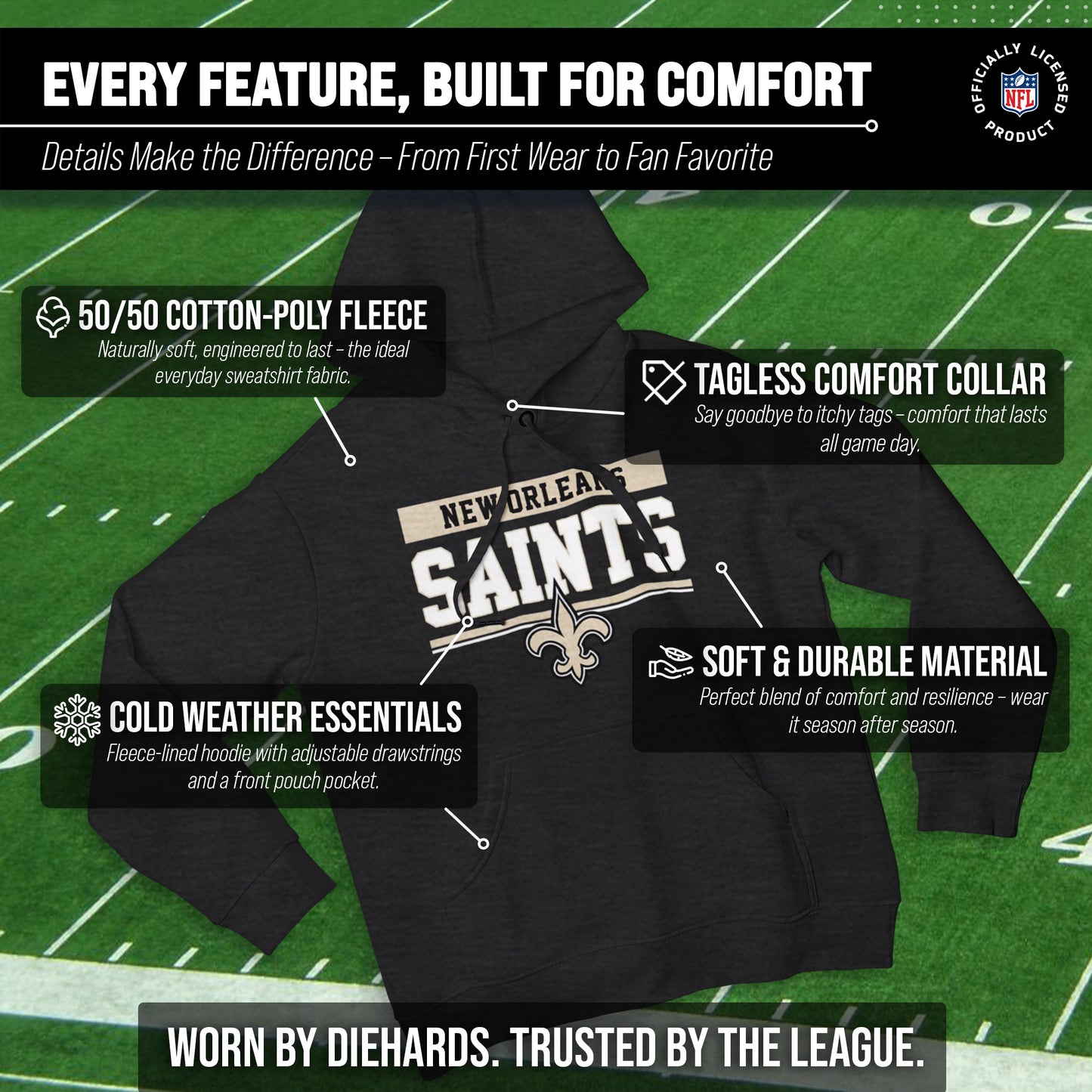New Orleans Saints NFL Adult Gameday Charcoal Hooded Sweatshirt - Charcoal