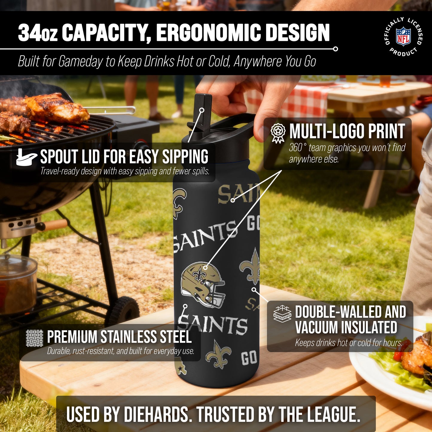 New Orleans Saints NFL 34Oz Native Quencher Water Bottle - Black