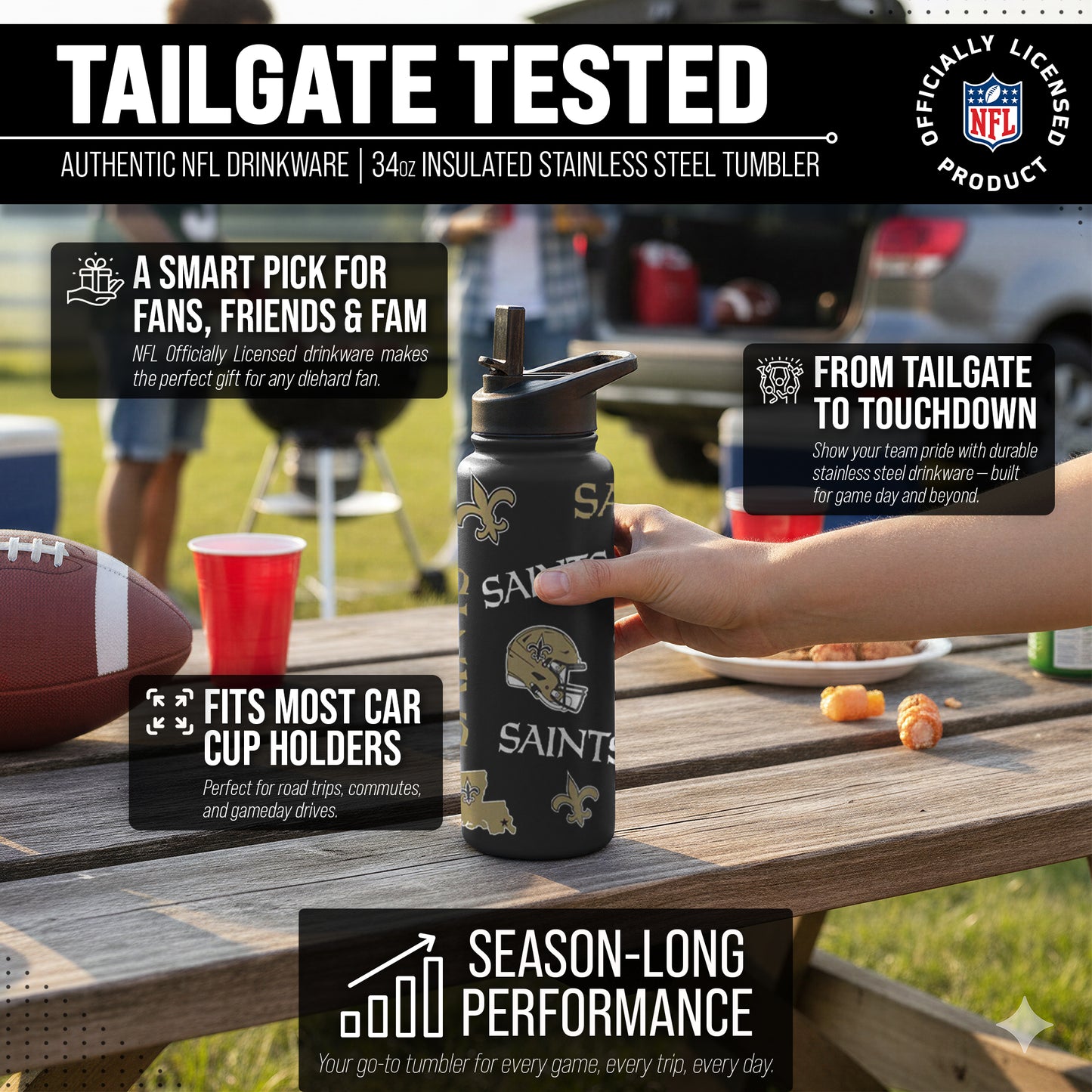 New Orleans Saints NFL 34Oz Native Quencher Water Bottle - Black