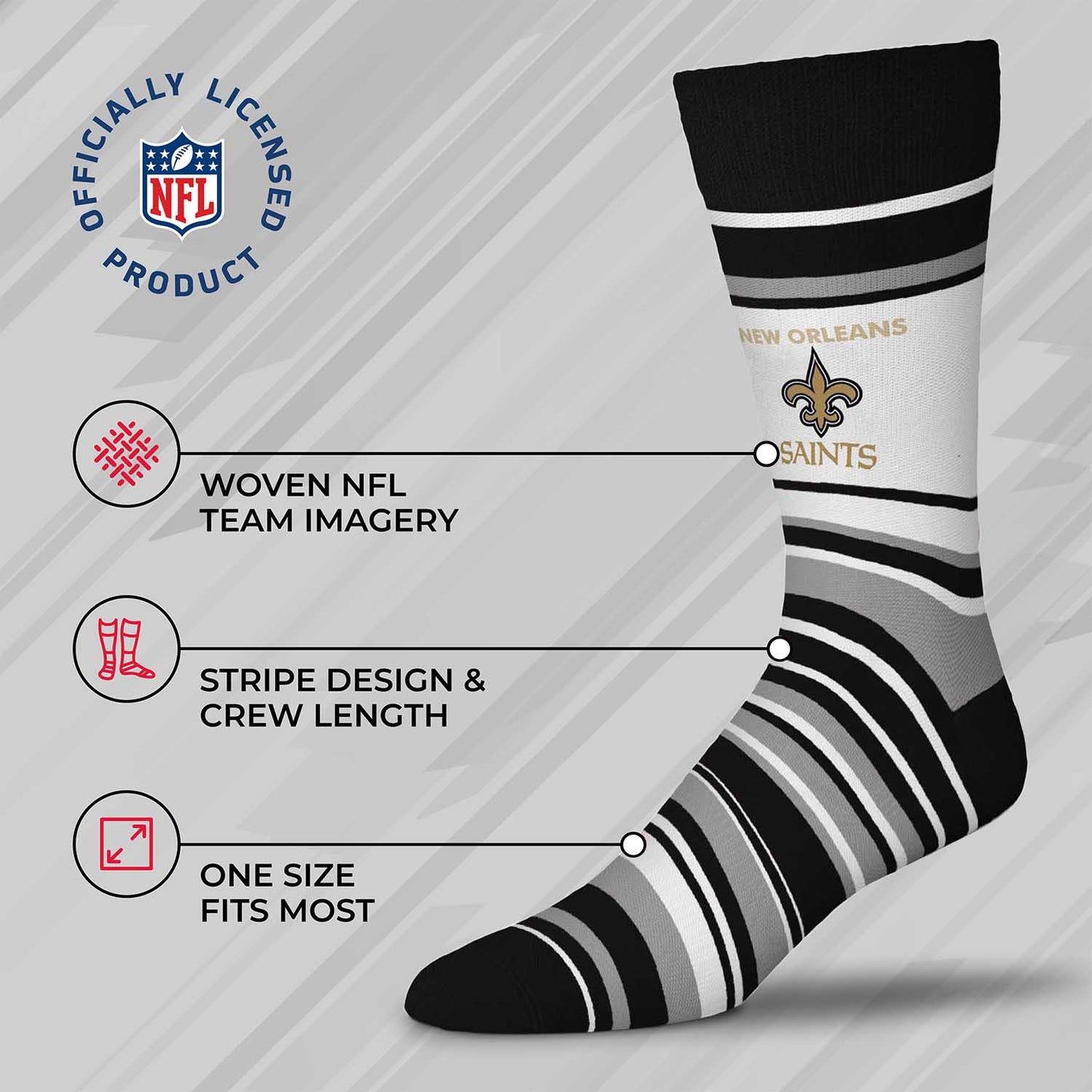 New Orleans Saints NFL Adult Striped Dress Socks - Black