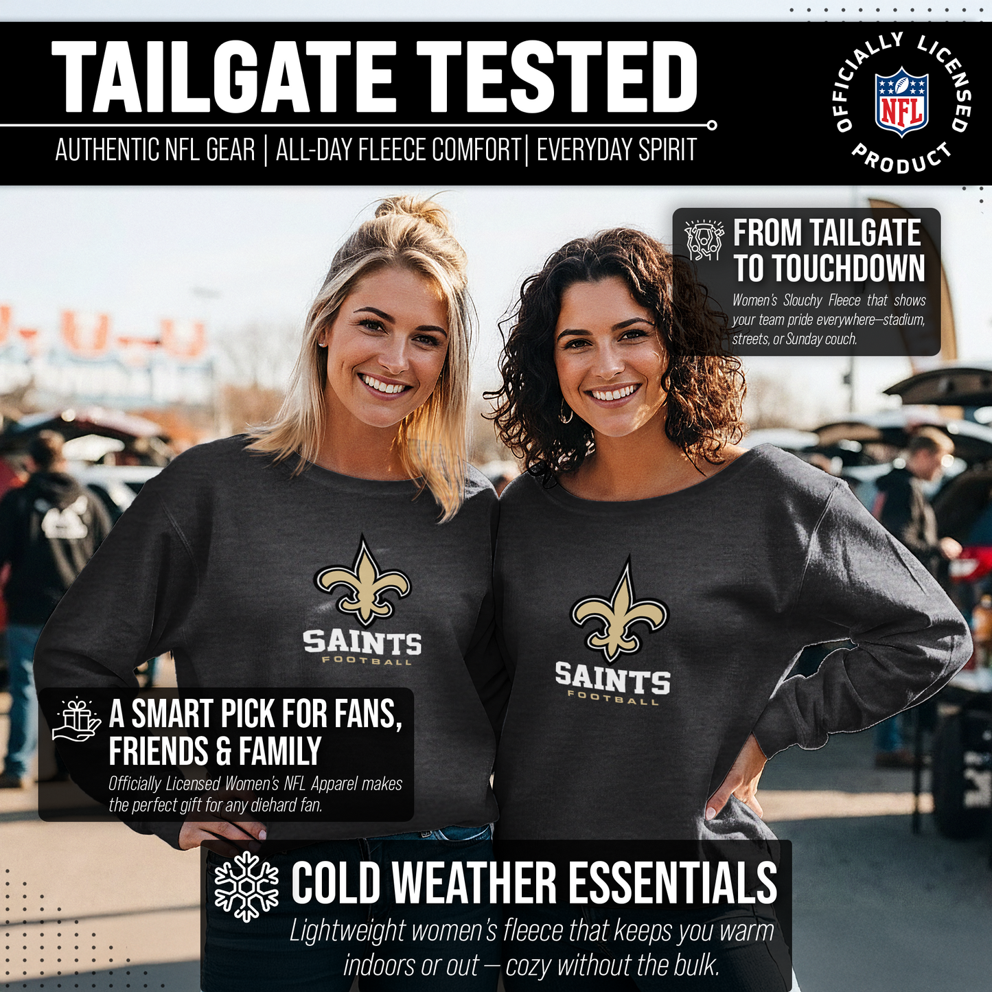 New Orleans Saints Women's NFL Ultimate Fan Logo Slouchy Crewneck -Tagless Fleece Lightweight Pullover - Charcoal