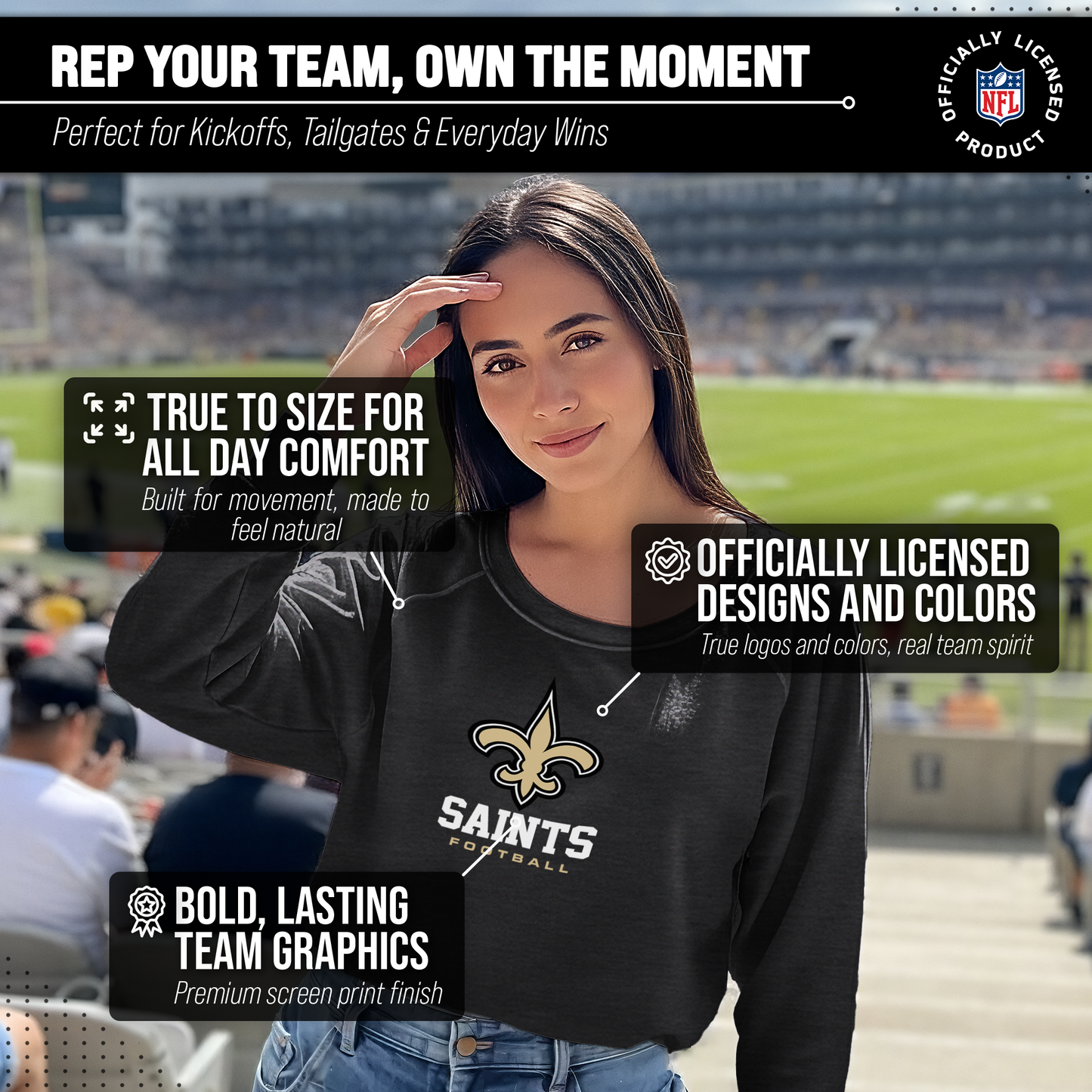 New Orleans Saints Women's NFL Ultimate Fan Logo Slouchy Crewneck -Tagless Fleece Lightweight Pullover - Charcoal