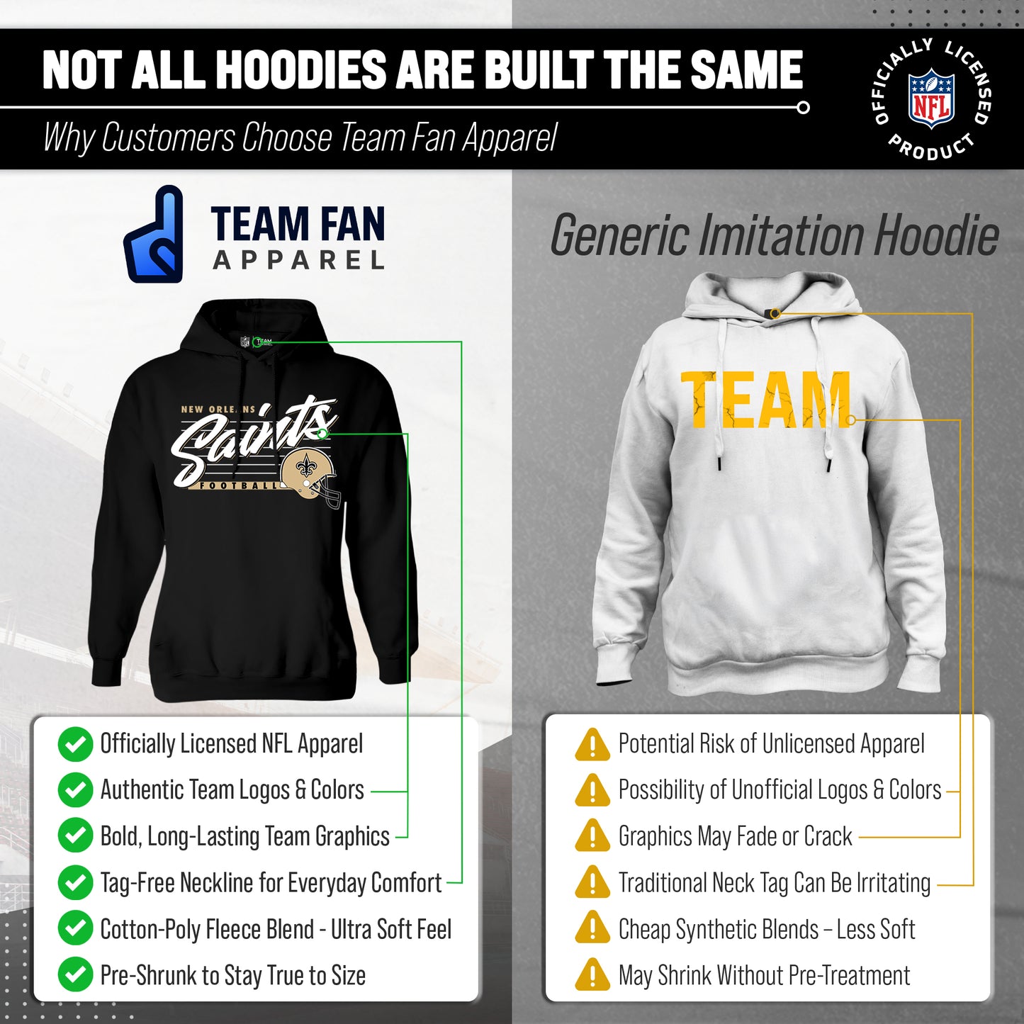 New Orleans Saints Ladies NFL Scrimmage Line Fleece Pullover Hooded Sweatshirt - Black