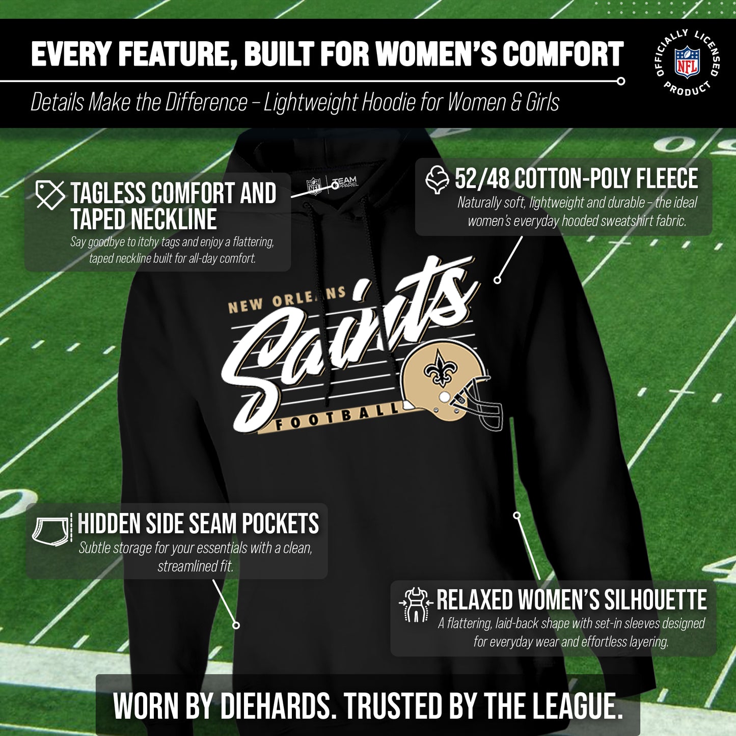 New Orleans Saints Ladies NFL Scrimmage Line Fleece Pullover Hooded Sweatshirt - Black