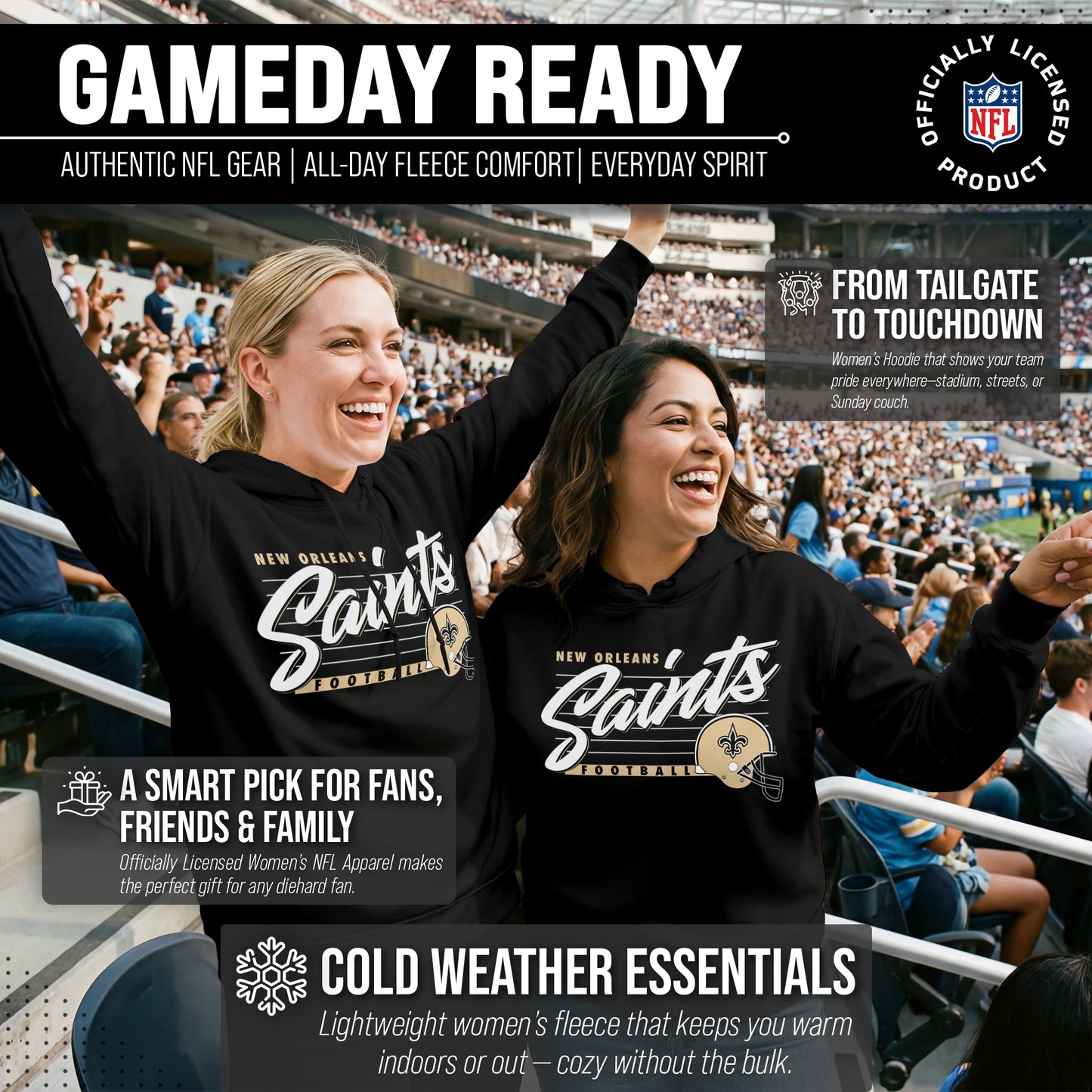 New Orleans Saints Ladies NFL Scrimmage Line Fleece Pullover Hooded Sweatshirt - Black