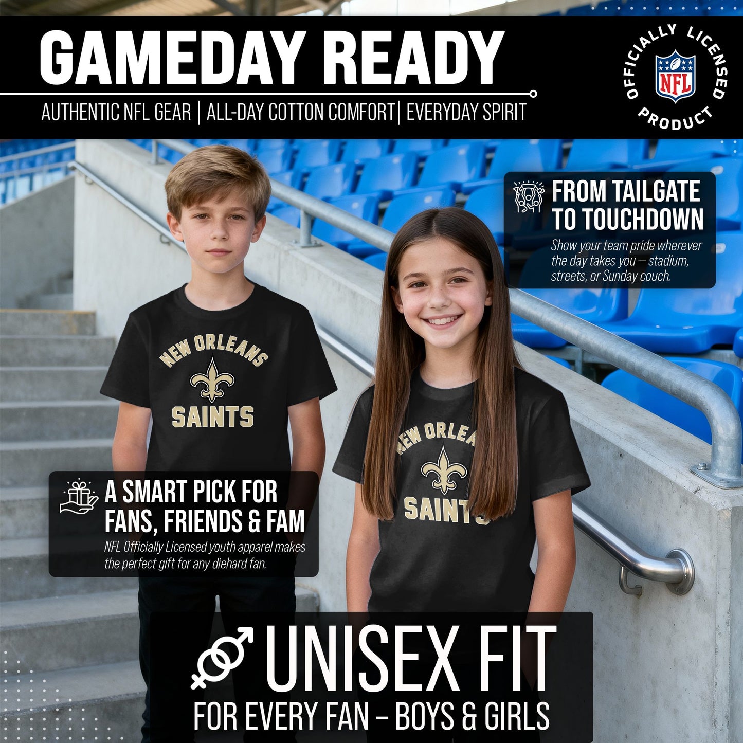 New Orleans Saints NFL Youth Gameday Football T-Shirt - Black