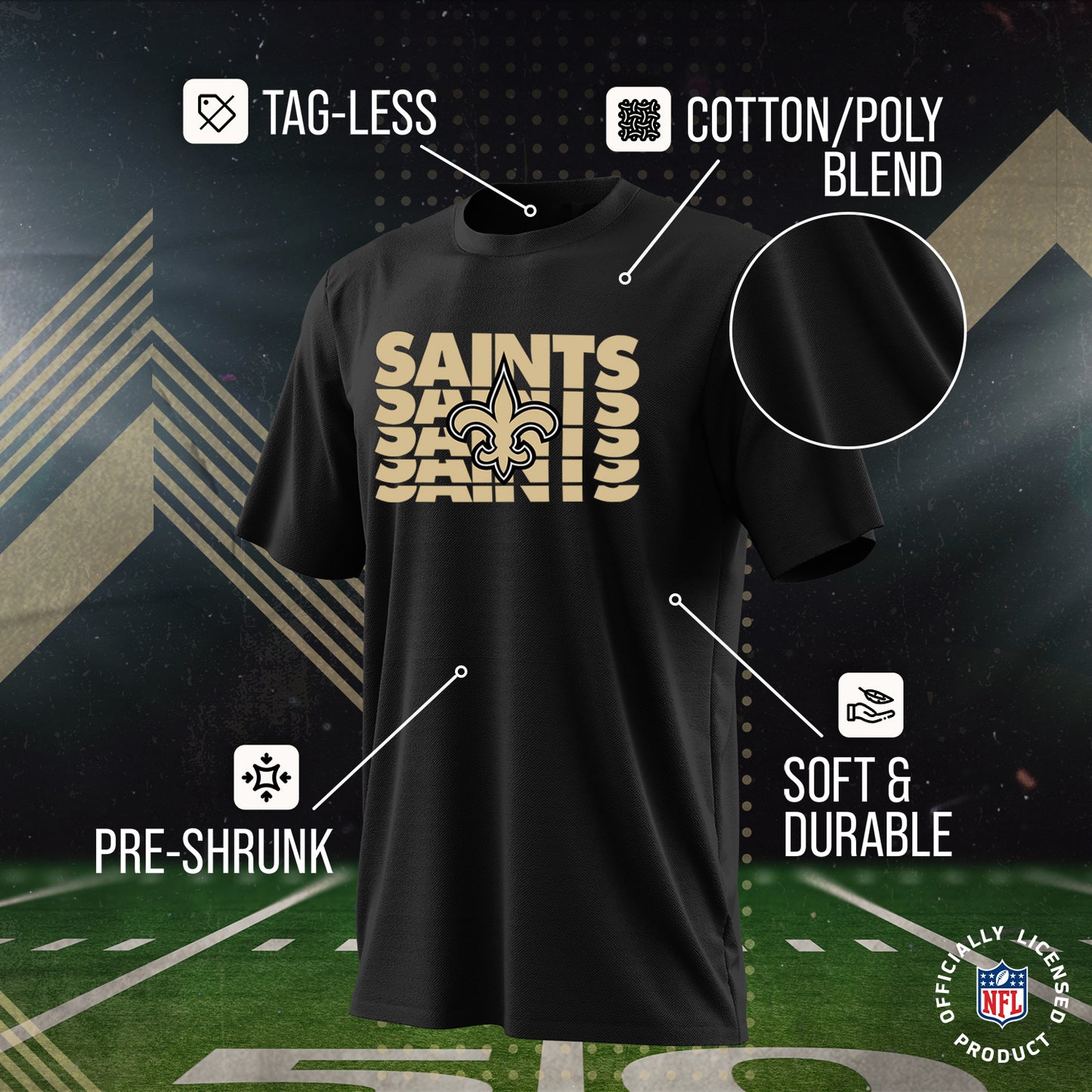 New Orleans Saints NFL Youth Repeating Logo Football T-Shirt Unisex Tag Free Comfortable - Black