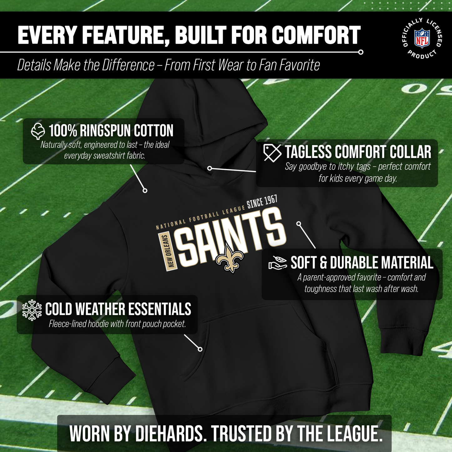 New Orleans Saints NFL Youth Modern Endzone Football Fleece Hooded Sweatshirt - Black