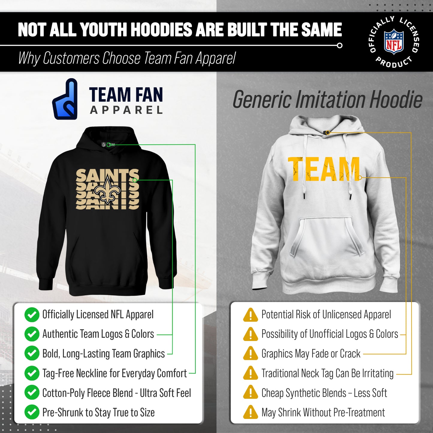 New Orleans Saints NFL Youth Repeating Logo Football Fleece Hooded Sweatshirt - Black