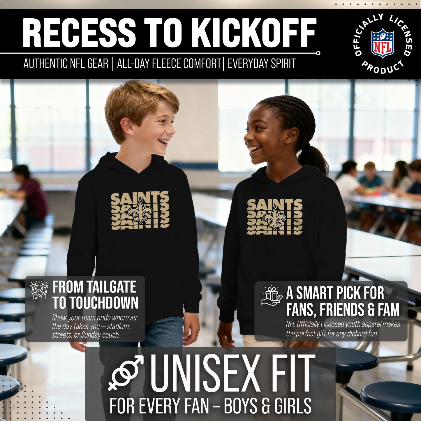 New Orleans Saints NFL Youth Repeating Logo Football Fleece Hooded Sweatshirt - Black