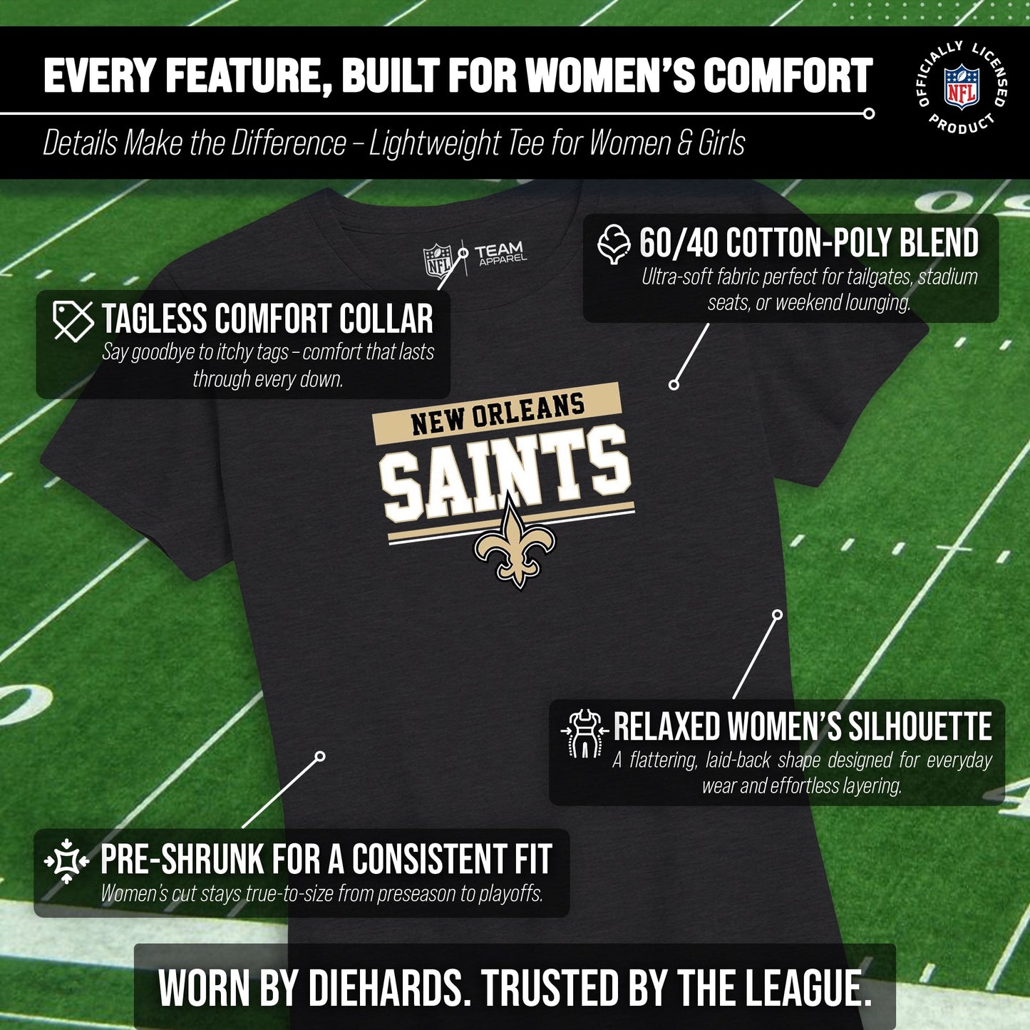 New Orleans Saints NFL Women's Team Block Charcoal Tagless T-Shirt - Charcoal