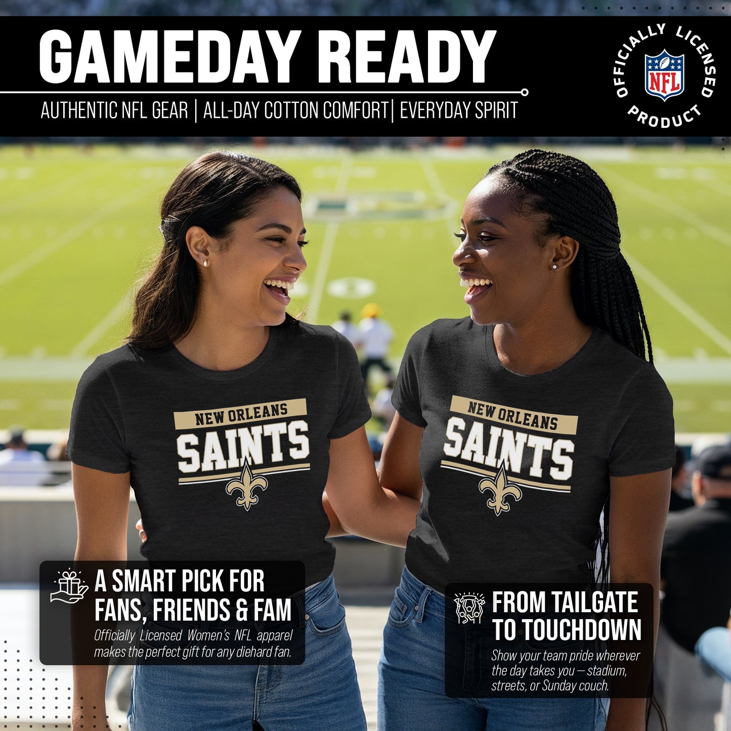 New Orleans Saints NFL Women's Team Block Charcoal Tagless T-Shirt - Charcoal