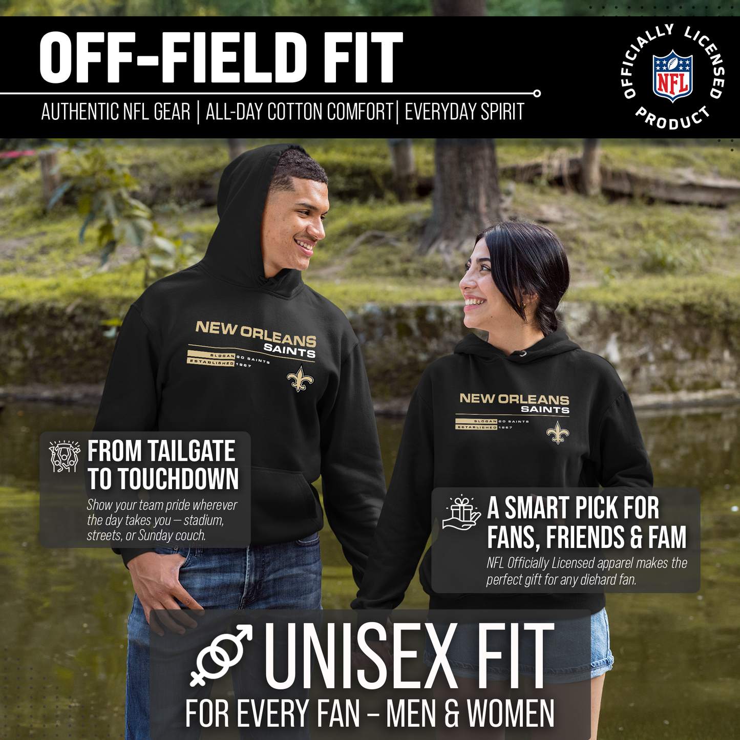 New Orleans Saints Adult NFL Speed Stat Sheet Fleece Hooded Sweatshirt - Black