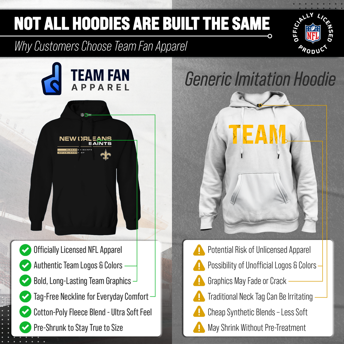 New Orleans Saints Adult NFL Speed Stat Sheet Fleece Hooded Sweatshirt - Black