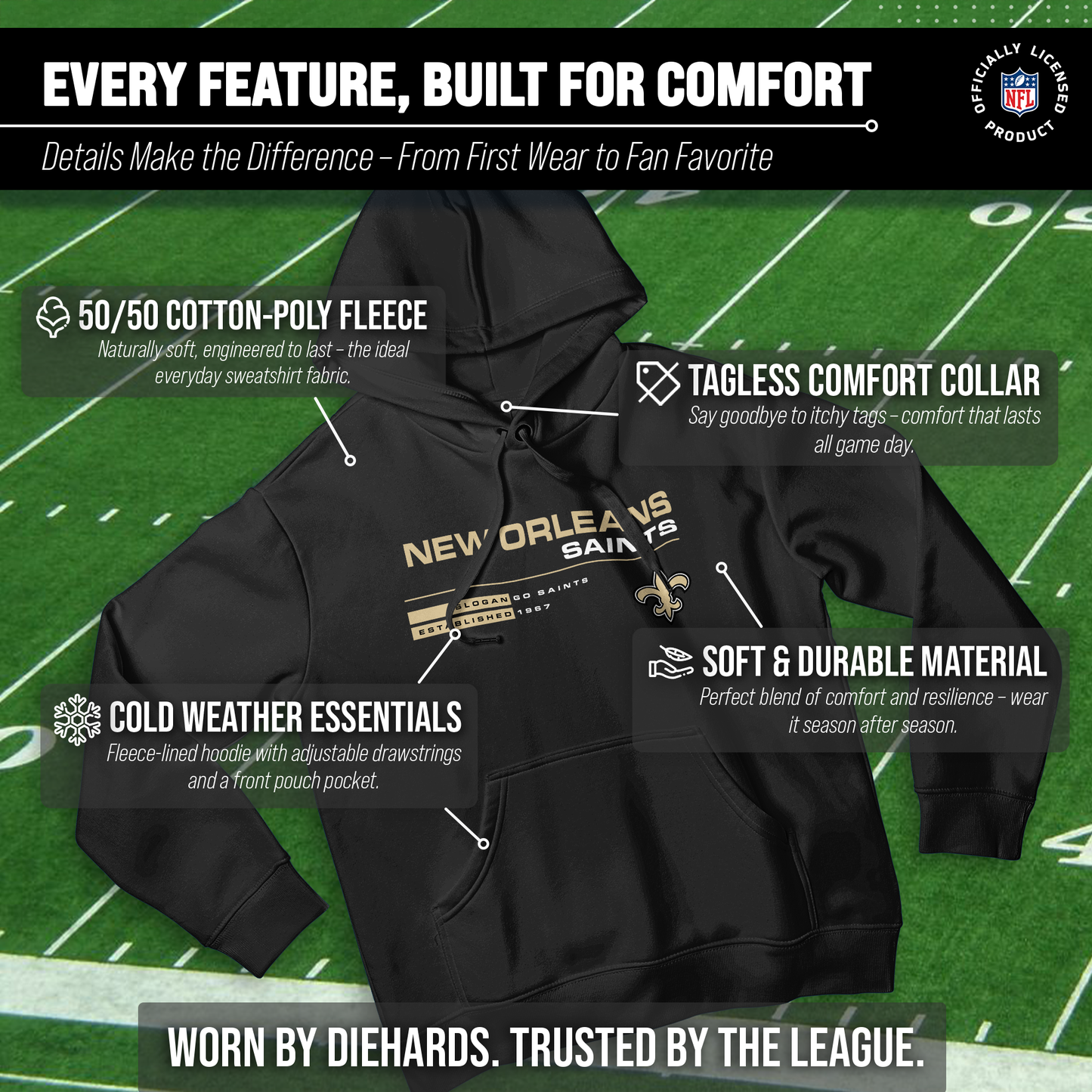 New Orleans Saints Adult NFL Speed Stat Sheet Fleece Hooded Sweatshirt - Black