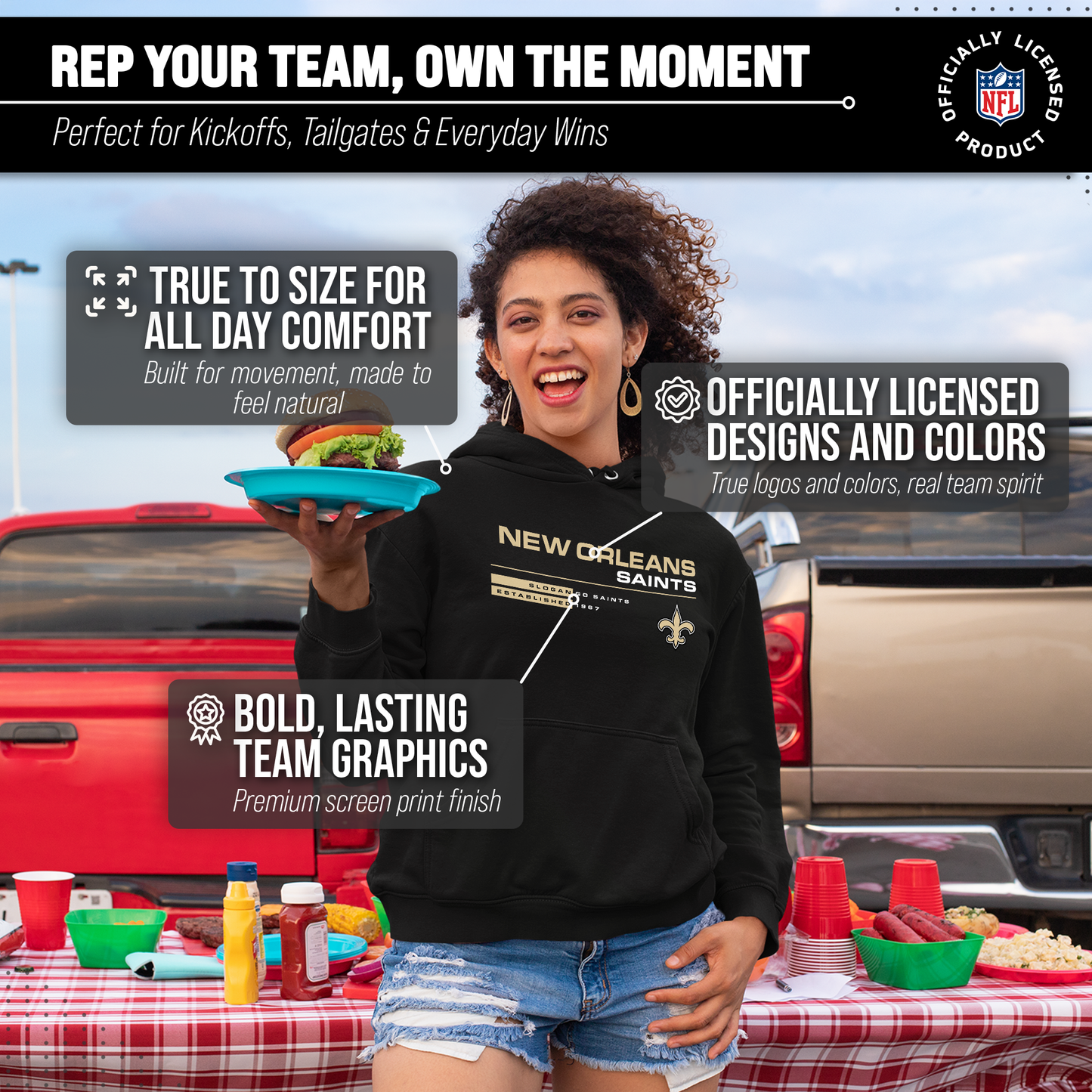 New Orleans Saints Adult NFL Speed Stat Sheet Fleece Hooded Sweatshirt - Black