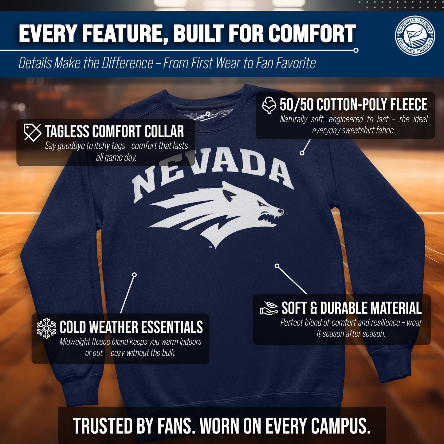 Nevada Wolf Pack Campus Colors Adult Arch & Logo Soft Style Gameday Crewneck Sweatshirt  - Navy