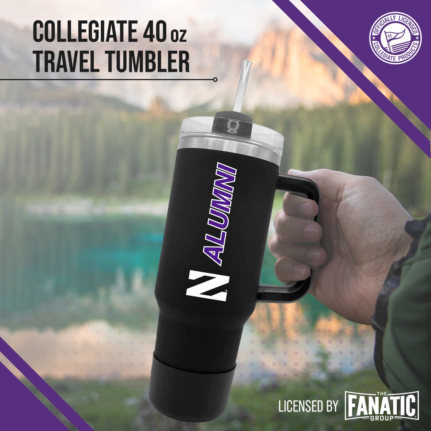 Northwestern Wildcats Collegiate 40oz Stainless Steel Travel Tumbler with Handle for Alumni - Black