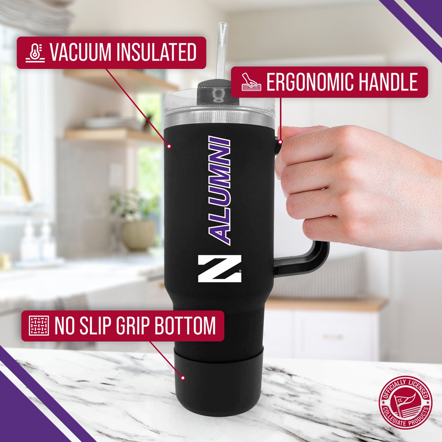 Northwestern Wildcats Collegiate 40oz Stainless Steel Travel Tumbler with Handle for Alumni - Black