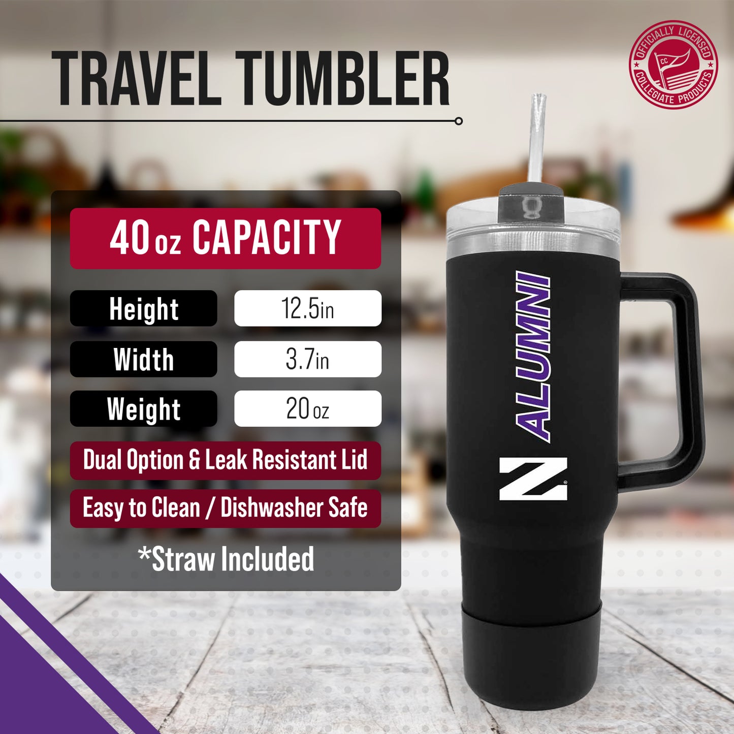 Northwestern Wildcats Collegiate 40oz Stainless Steel Travel Tumbler with Handle for Alumni - Black