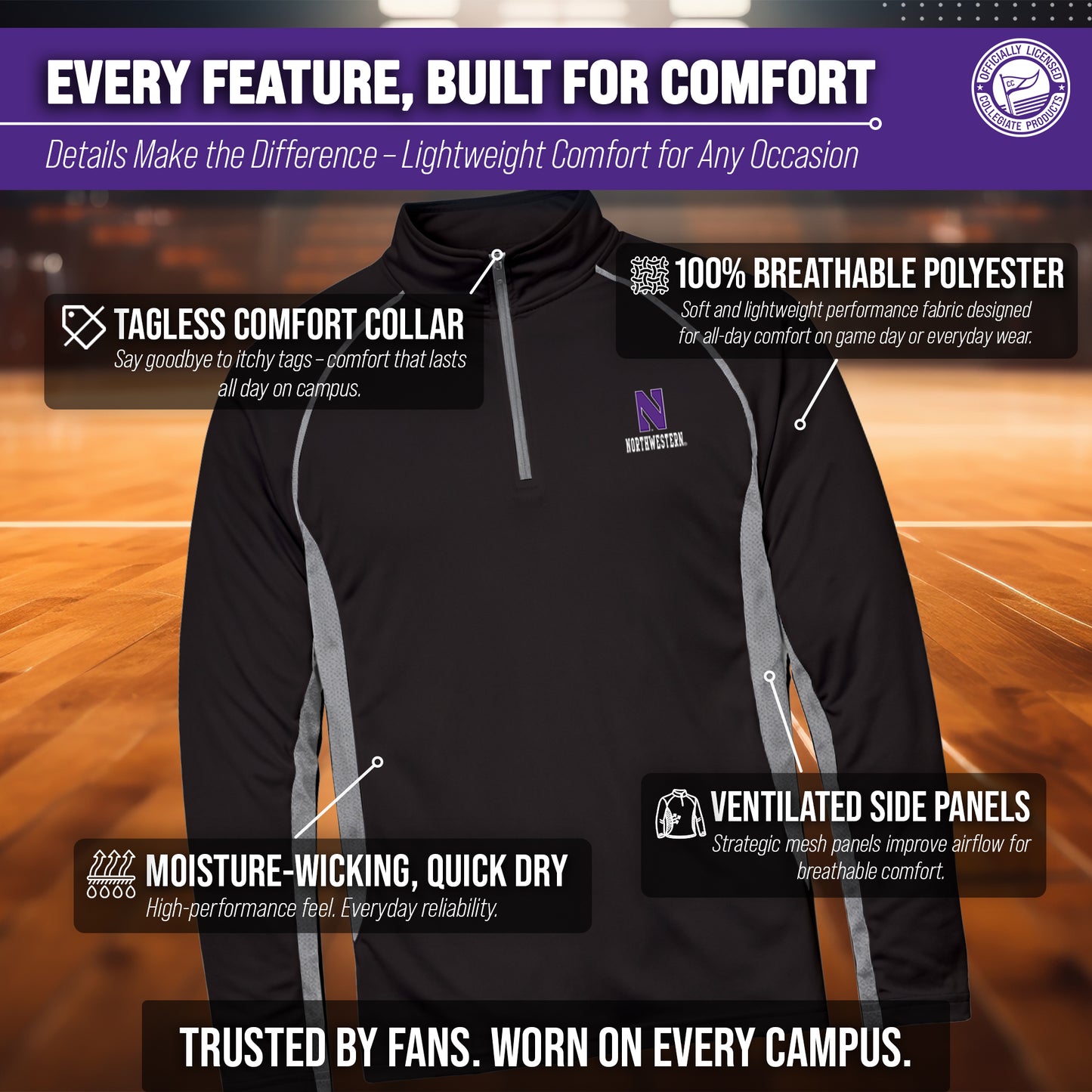 Northwestern Wildcats Mens NCAA Campus Classic Long Sleeve 1/4 Zip Windshirt - Black