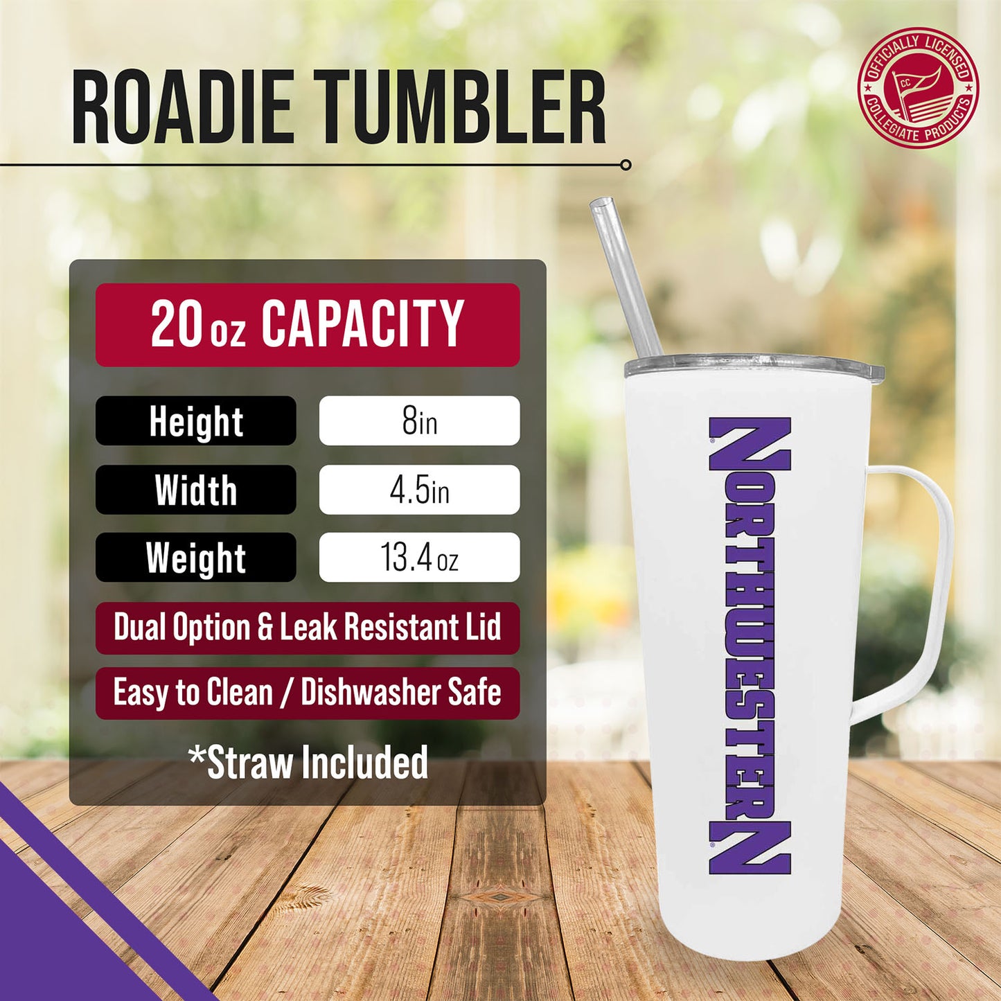 Northwestern Wildcats NCAA Stainless Steel 20oz Roadie With Handle & Dual Option Lid With Straw - White
