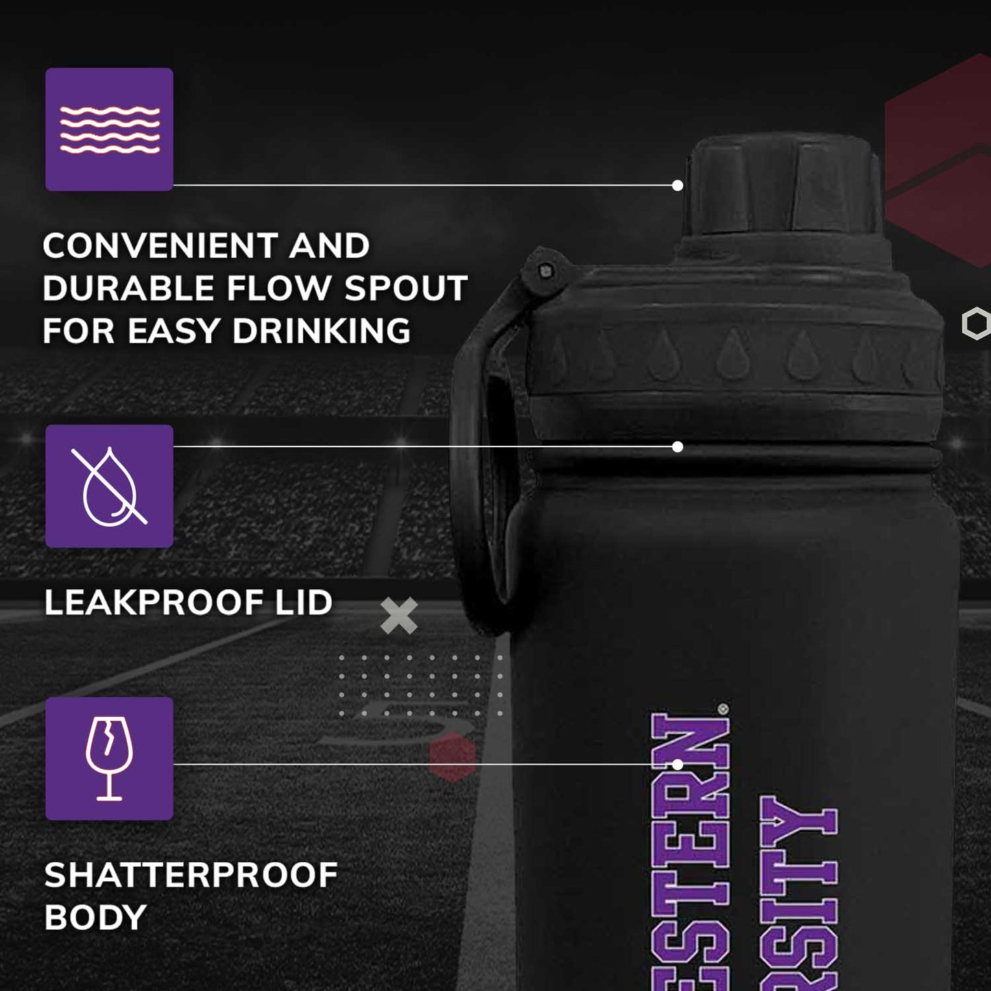Northwestern Wildcats NCAA Stainless Steel Water Bottle - Black
