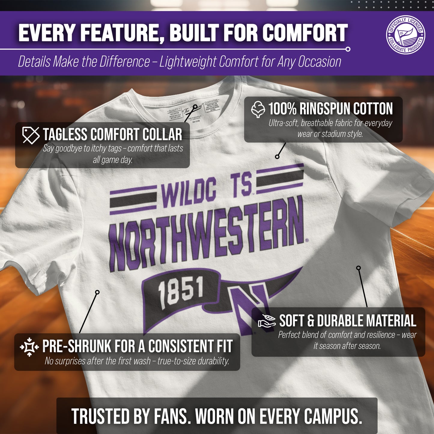 Northwestern Wildcats NCAA Adult Unisex Varsity Club Pennant T-Shirt Tag-Less - Off White