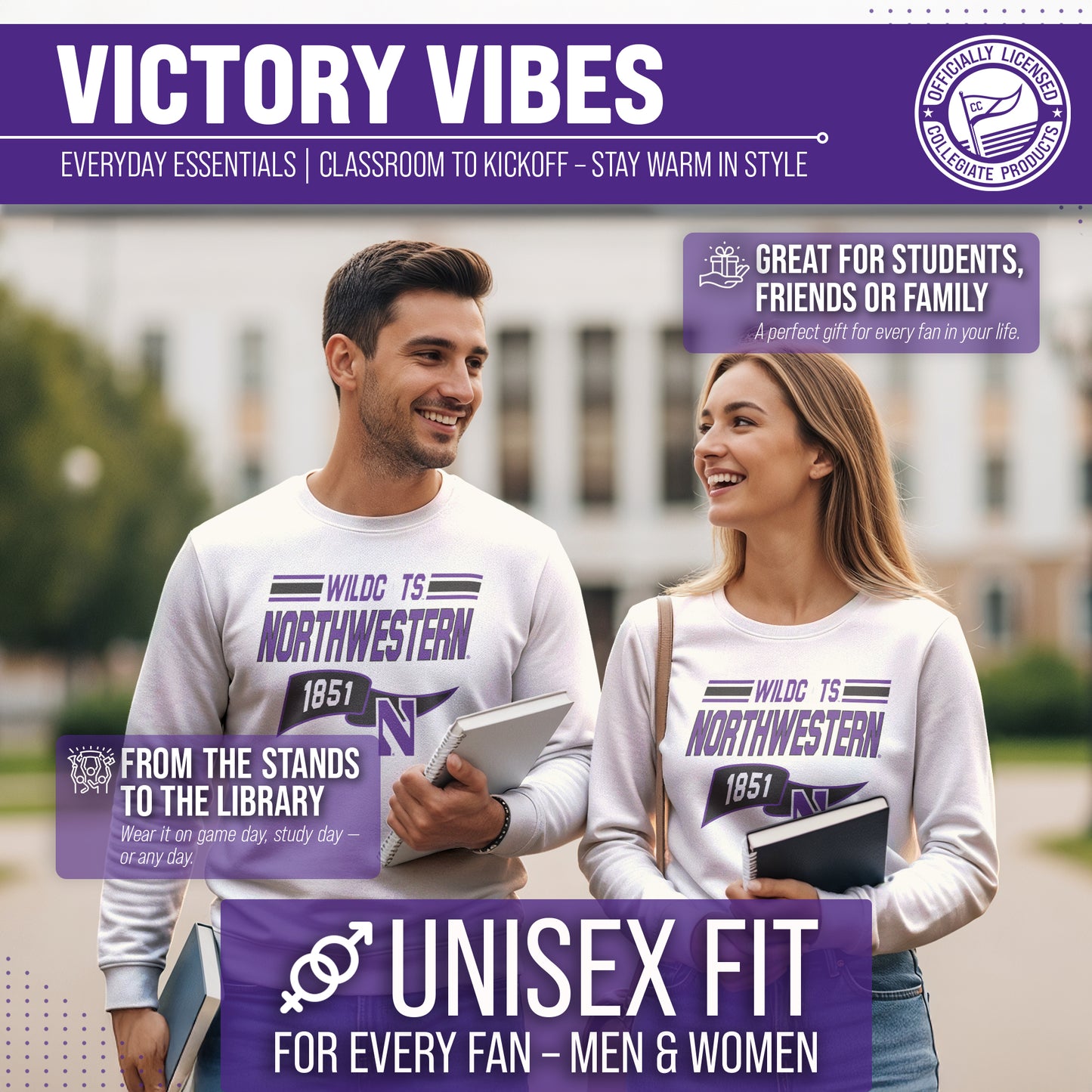 Northwestern Wildcats NCAA Adult Unisex Varsity Club Pennant Crewneck Fleece Sweatshirt - Off White