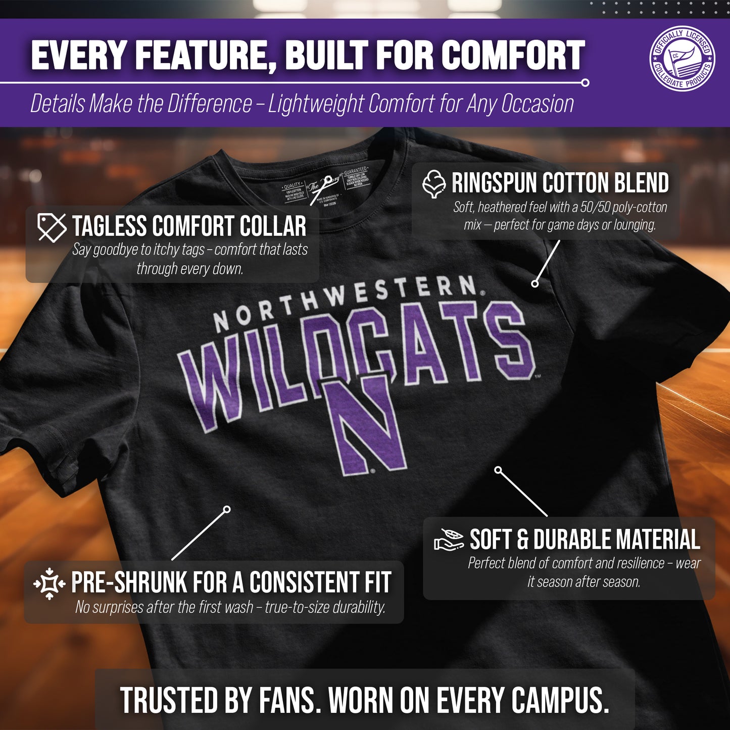 Northwestern Wildcats NCAA Adult Unisex Starting Fresh T-Shirt - Black Heather