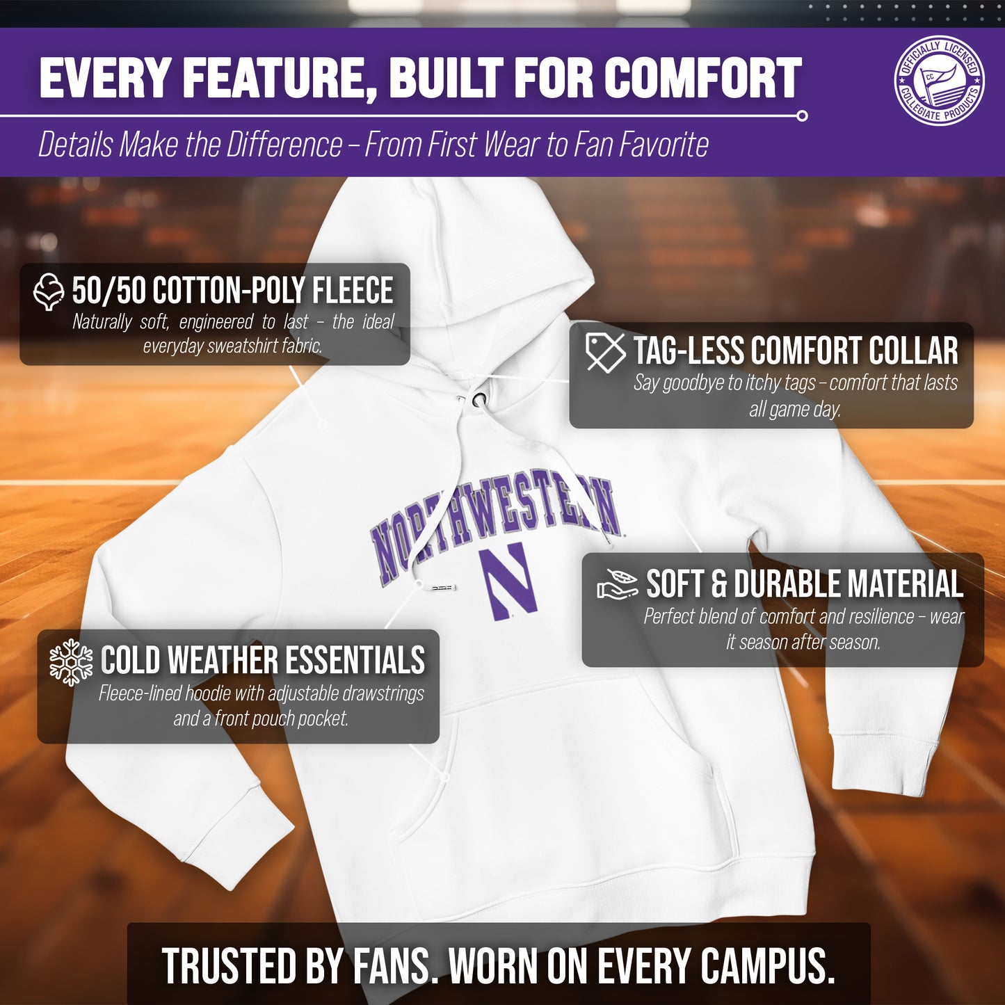Northwestern Wildcats Adult Arch & Logo Soft Style Gameday Hooded Sweatshirt - White