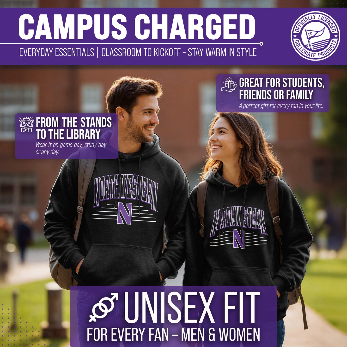 Northwestern Wildcats NCAA Adult Unisex Overtime Classics Hooded Fleece Sweatshirt - Black