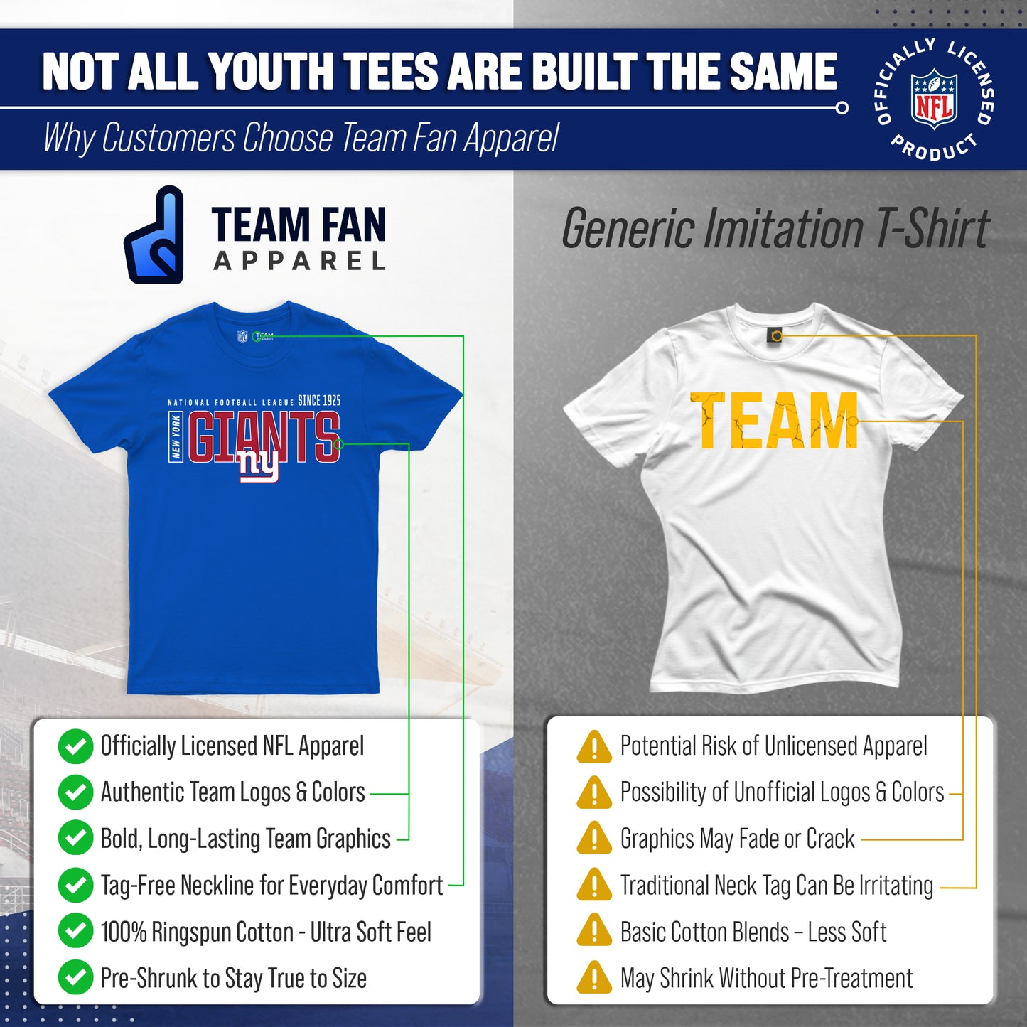 New York Giants NFL Youth Modern Endzone Football T-Shirt Unisex Tag Free Comfortable - Royal