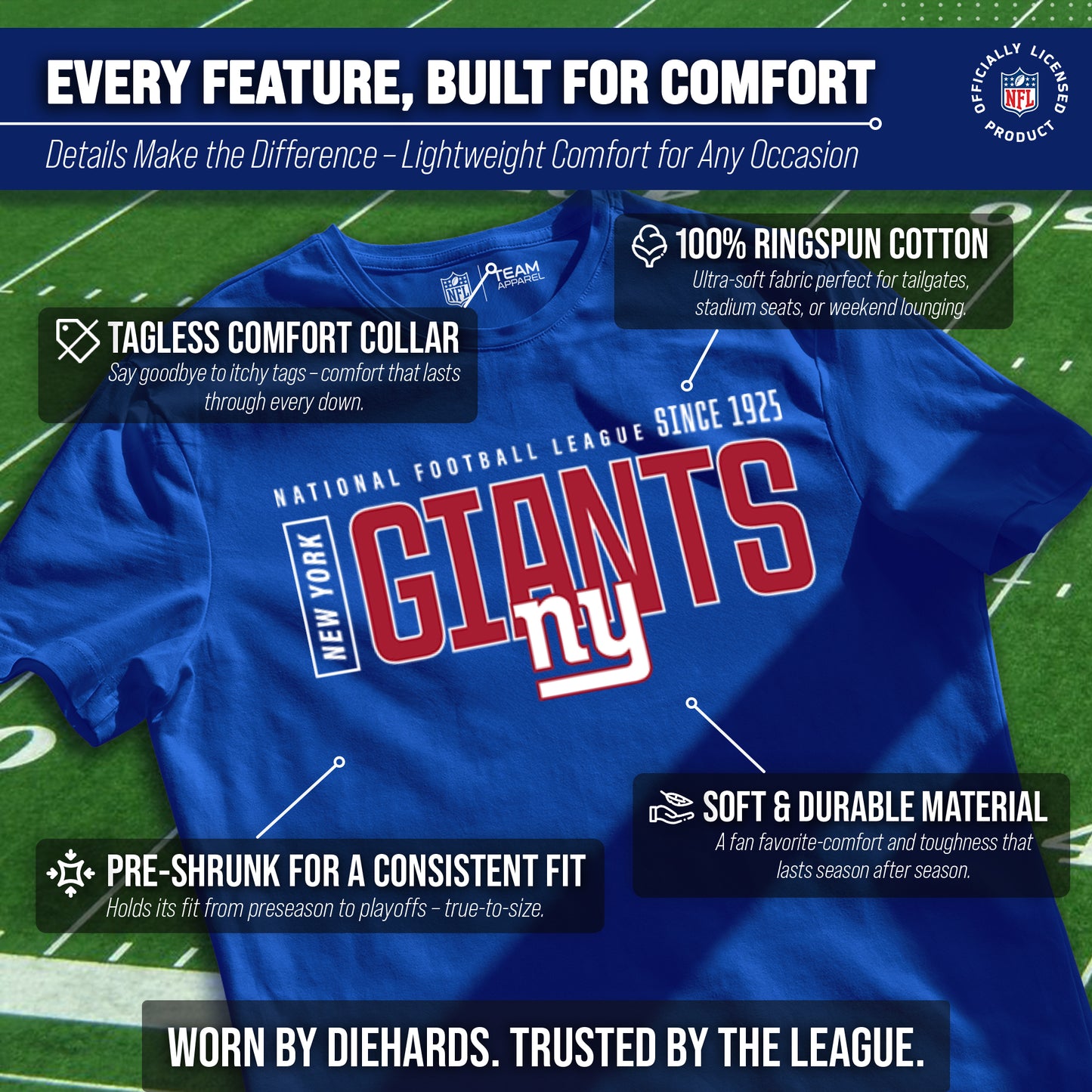 New York Giants NFL Youth Modern Endzone Football T-Shirt Unisex Tag Free Comfortable - Royal