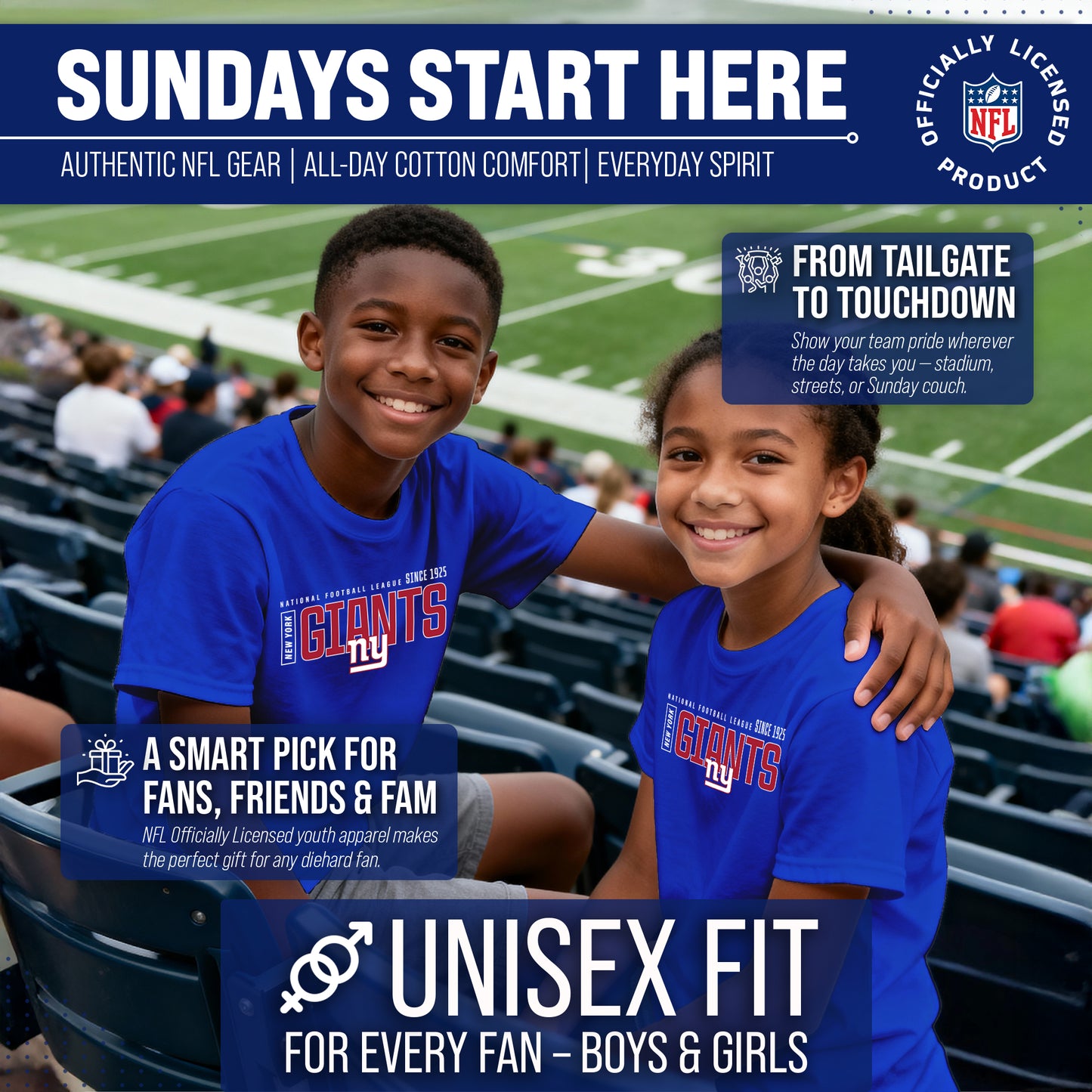 New York Giants NFL Youth Modern Endzone Football T-Shirt Unisex Tag Free Comfortable - Royal