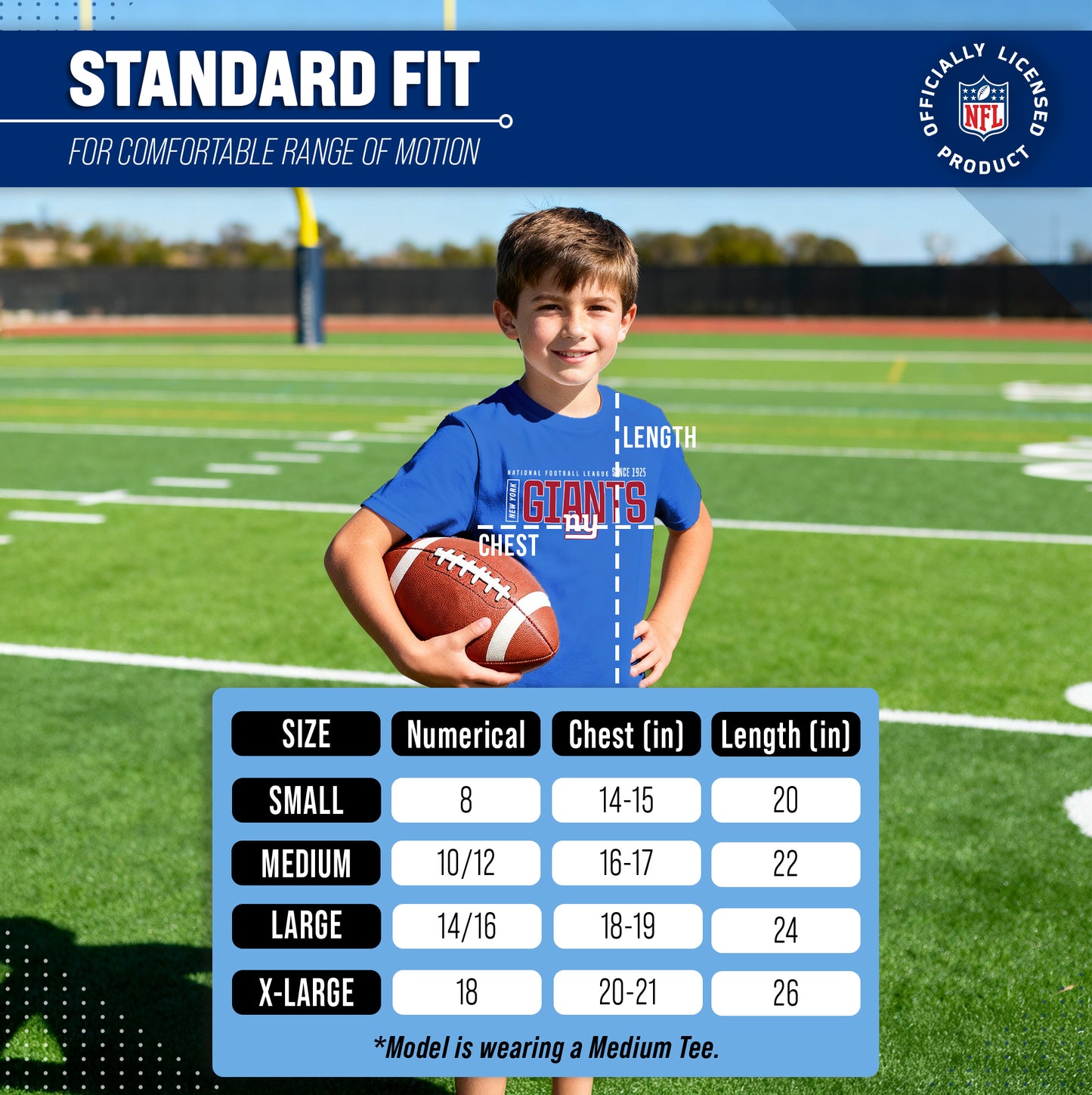 New York Giants NFL Youth Modern Endzone Football T-Shirt Unisex Tag Free Comfortable - Royal