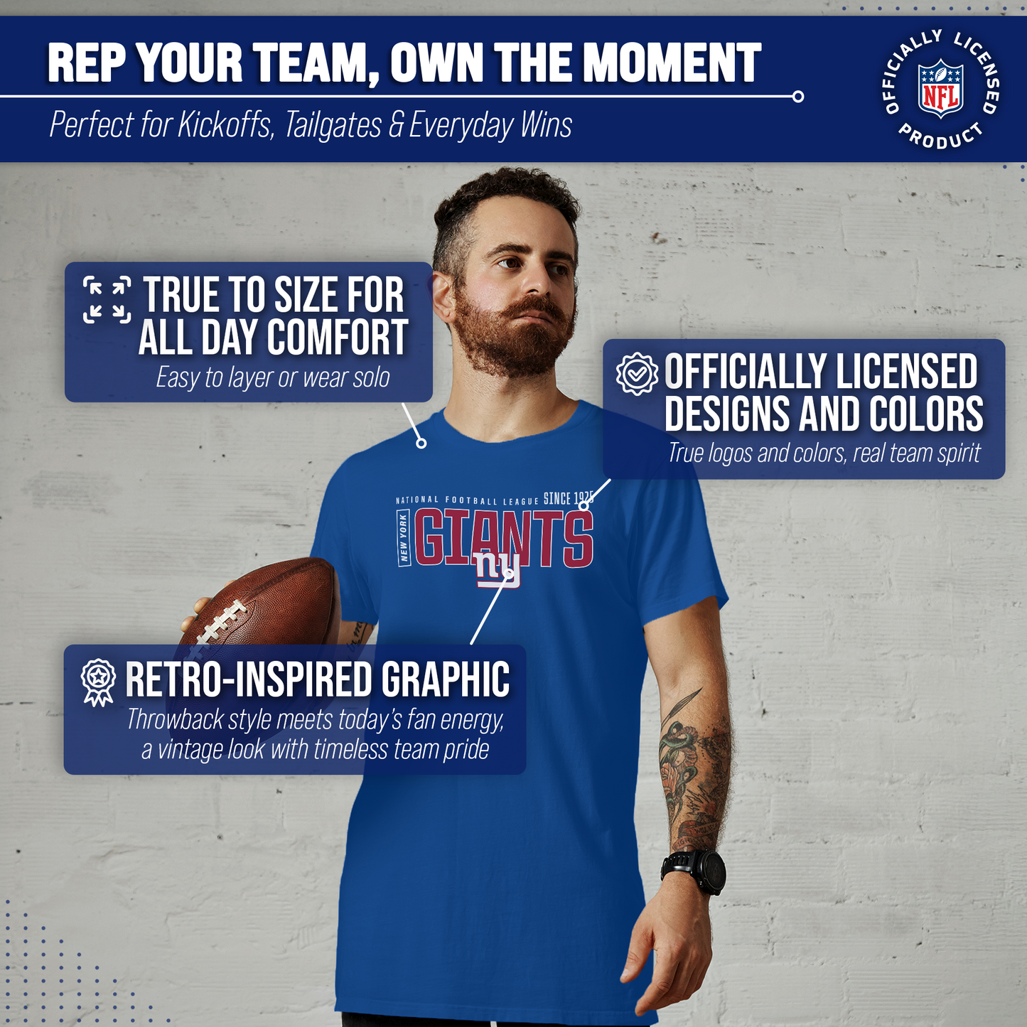 New York Giants NFL Adult Modern Endzone Tag-Less T-Shirt - Royal