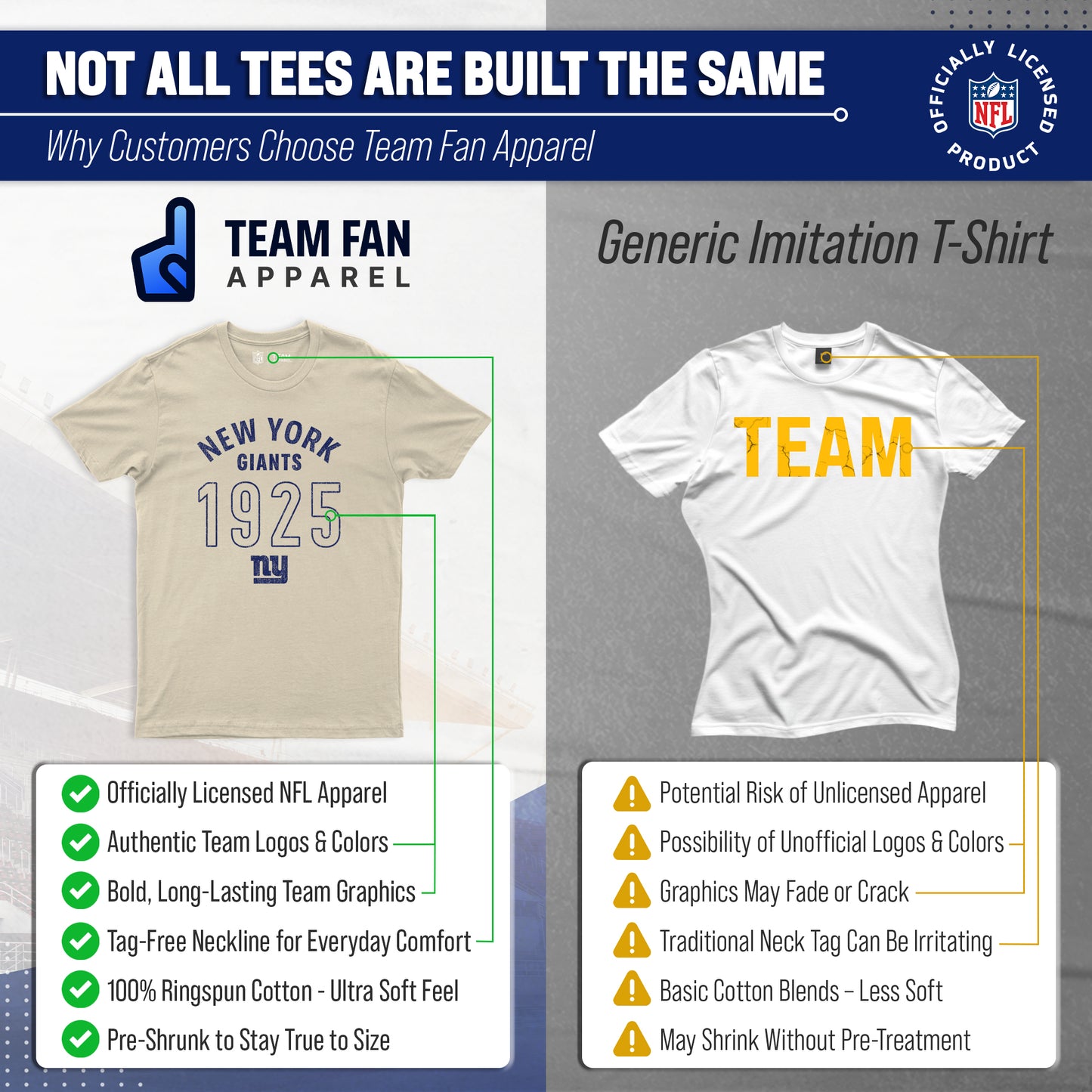 New York Giants NFL Adult Big Date Tag-Less T-Shirt - Natural