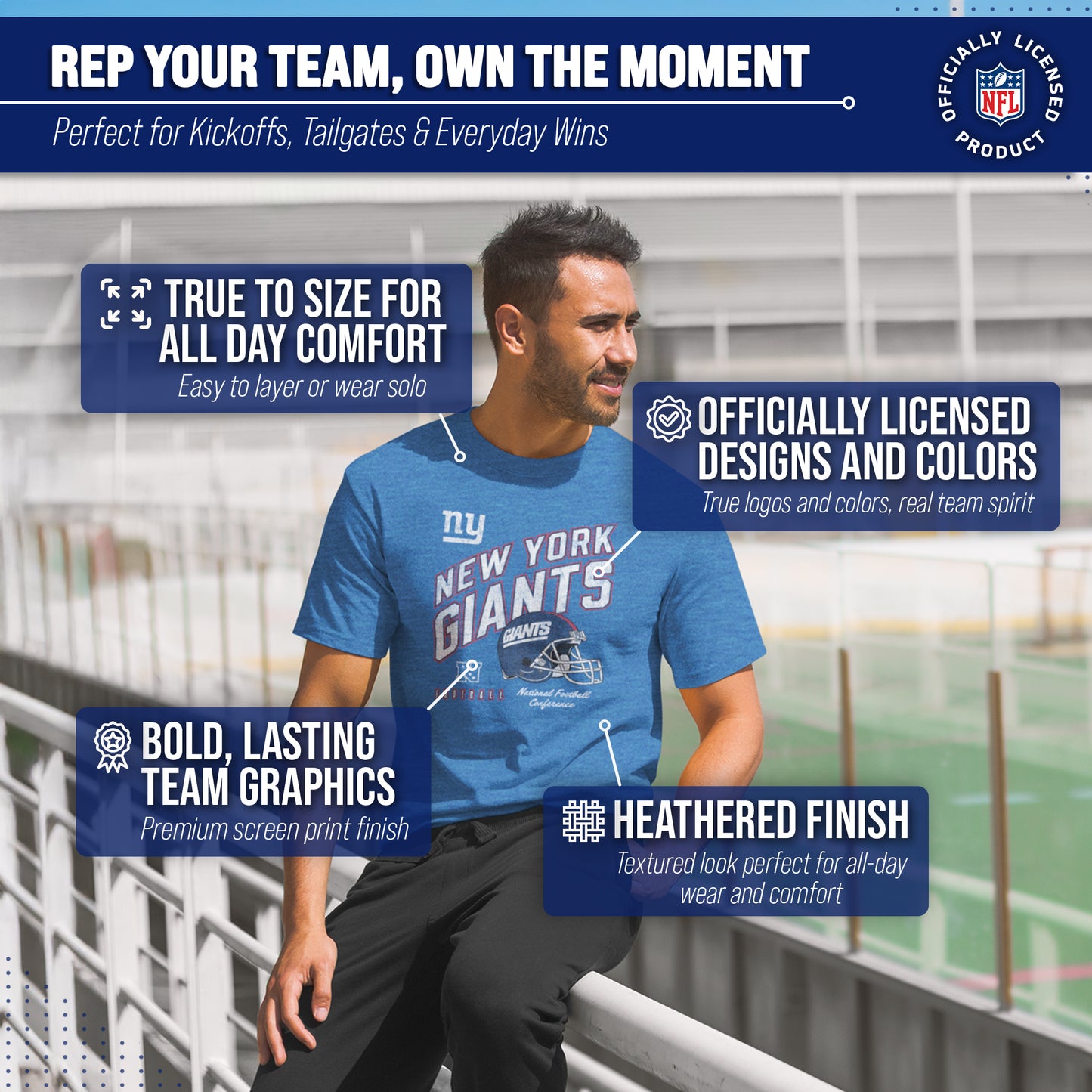 New York Giants NFL Adult Distressed Helmet Tag-Less T-Shirt - Royal Heather