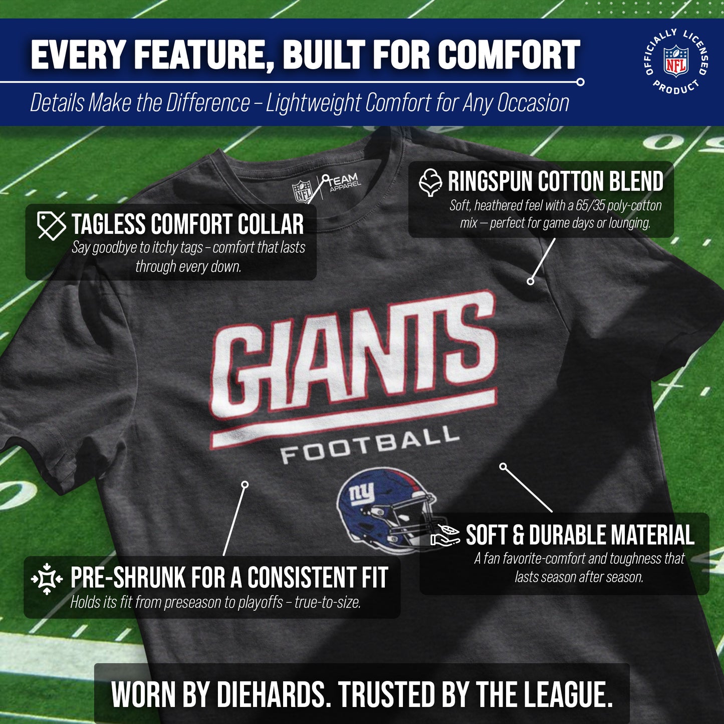 New York Giants NFL Adult Football Helmet Tagless T-Shirt - Charcoal